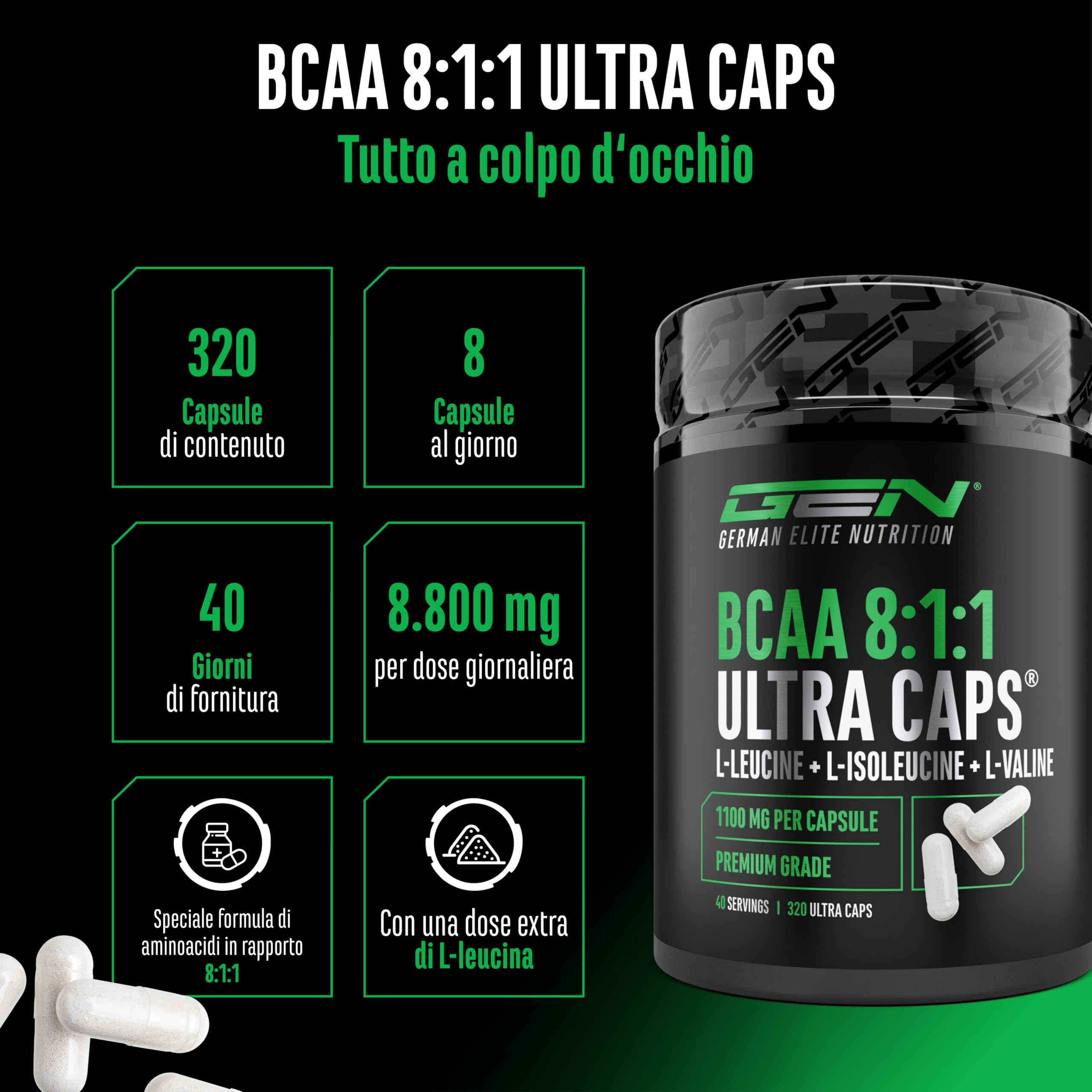 Elite EAA & BCAA BCAA 8:1:1 ULTRA CAPS® 320 capsule rapporto 8:1:1