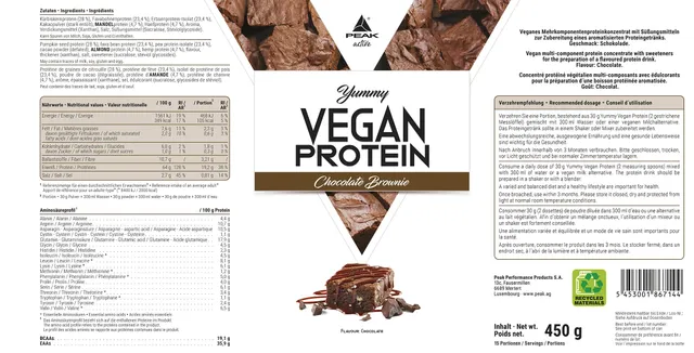 Green Peak Proteins PEAK Yummy Vegan Protein 450 g Brownie al Cioccolato senza glutine