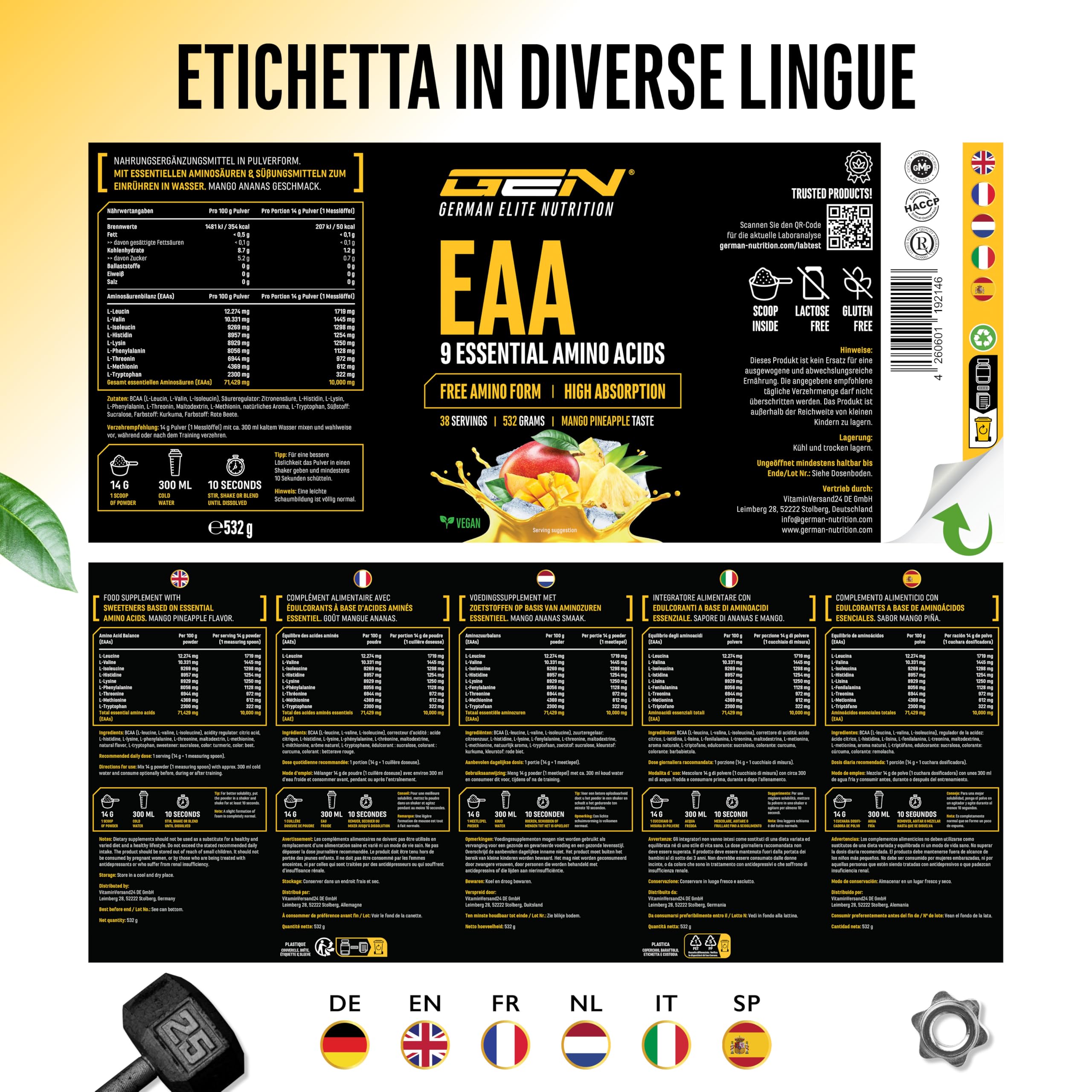 Elite EAA & BCAA Human Code EAA in polvere 532 g mango e ananas vegana
