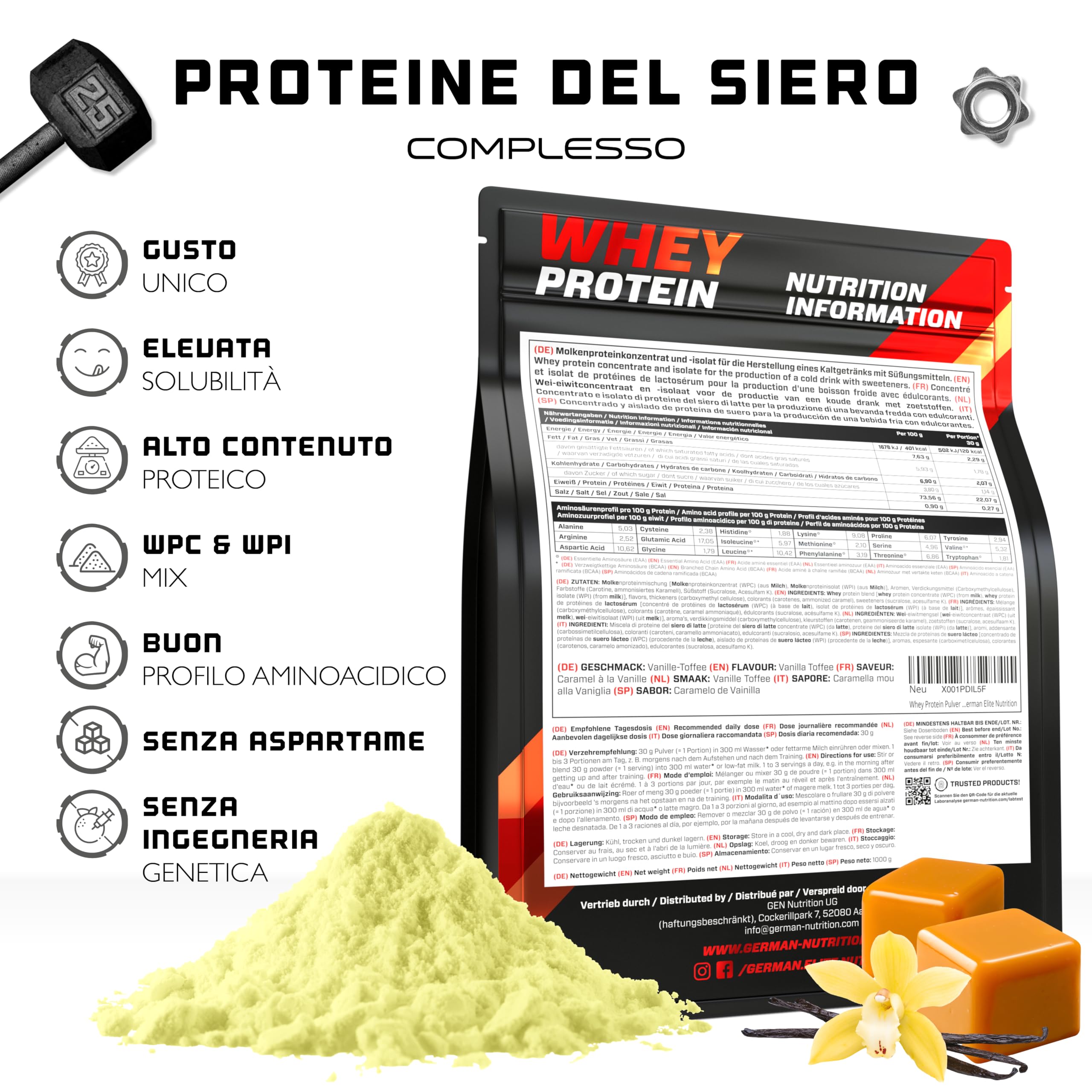 Elite Whey Protein Whey Proteine Complesso 1000 g vaniglia toffee isolato