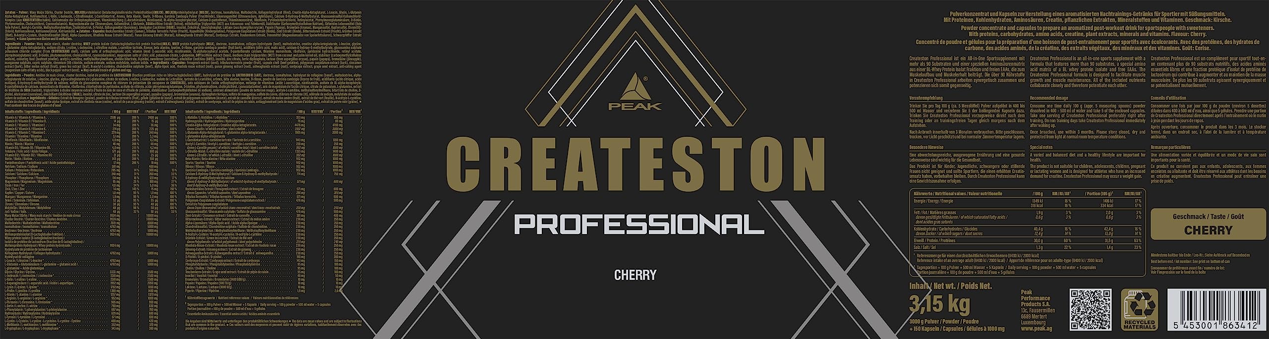 Green Peak Proteins PEAK Createston Professional integratore post workout ciliegia 3150 g