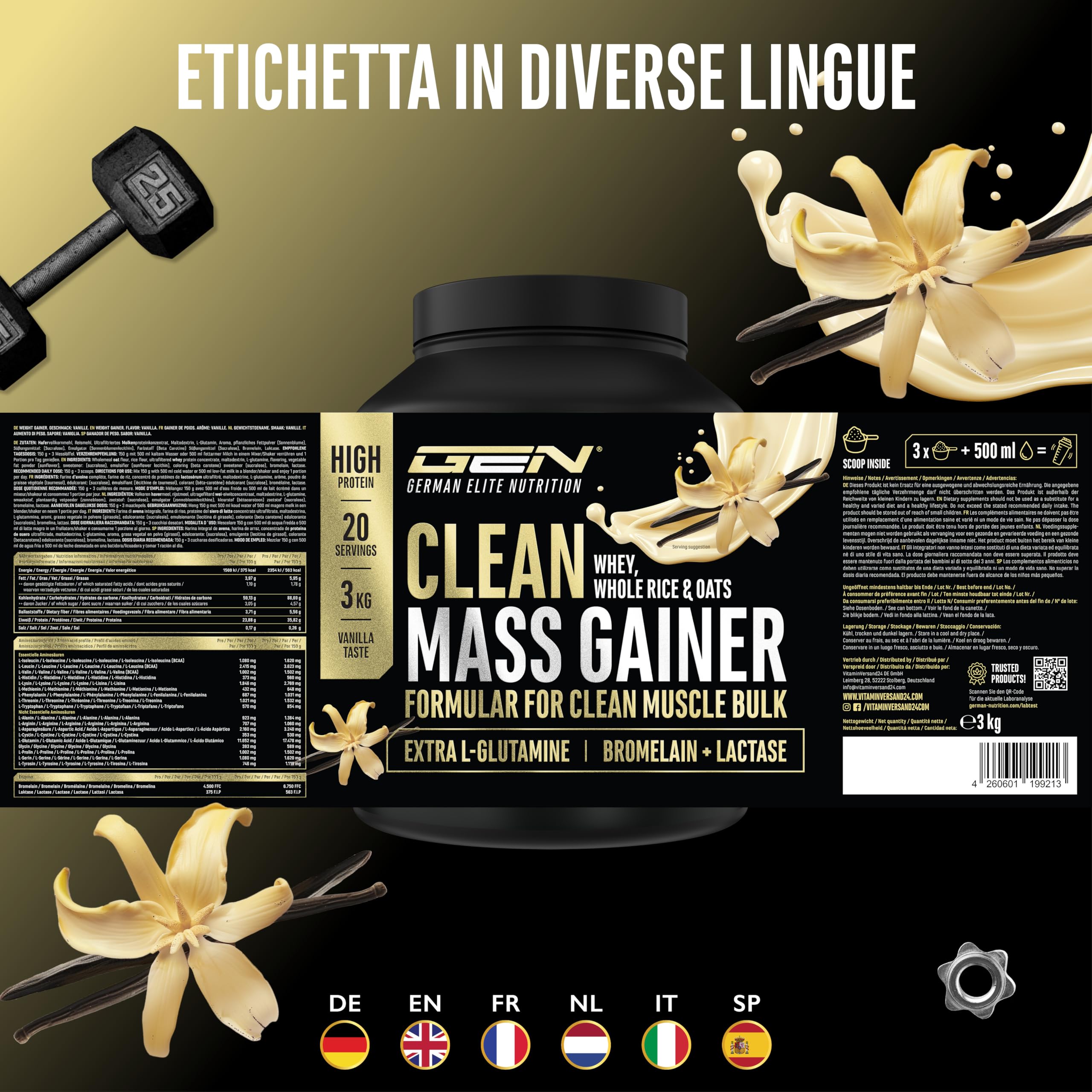 Elite Carbs & Mass Gainers Clean Weight Gainer gainer Vaniglia 3 kg 36 g proteine