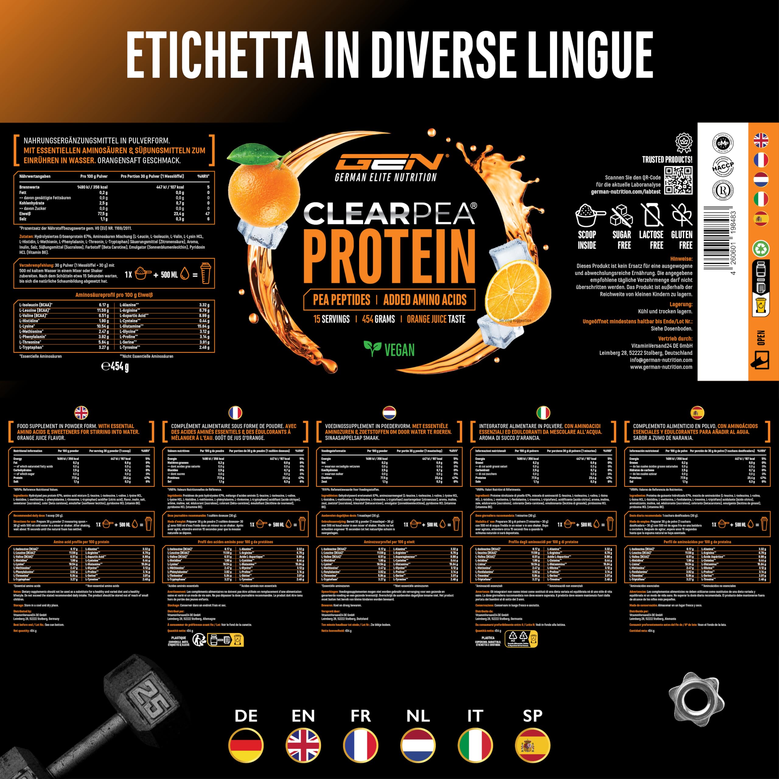 Elite Plant Protein ClearPea proteine vegane in polvere Succo d'Arancia 454 g