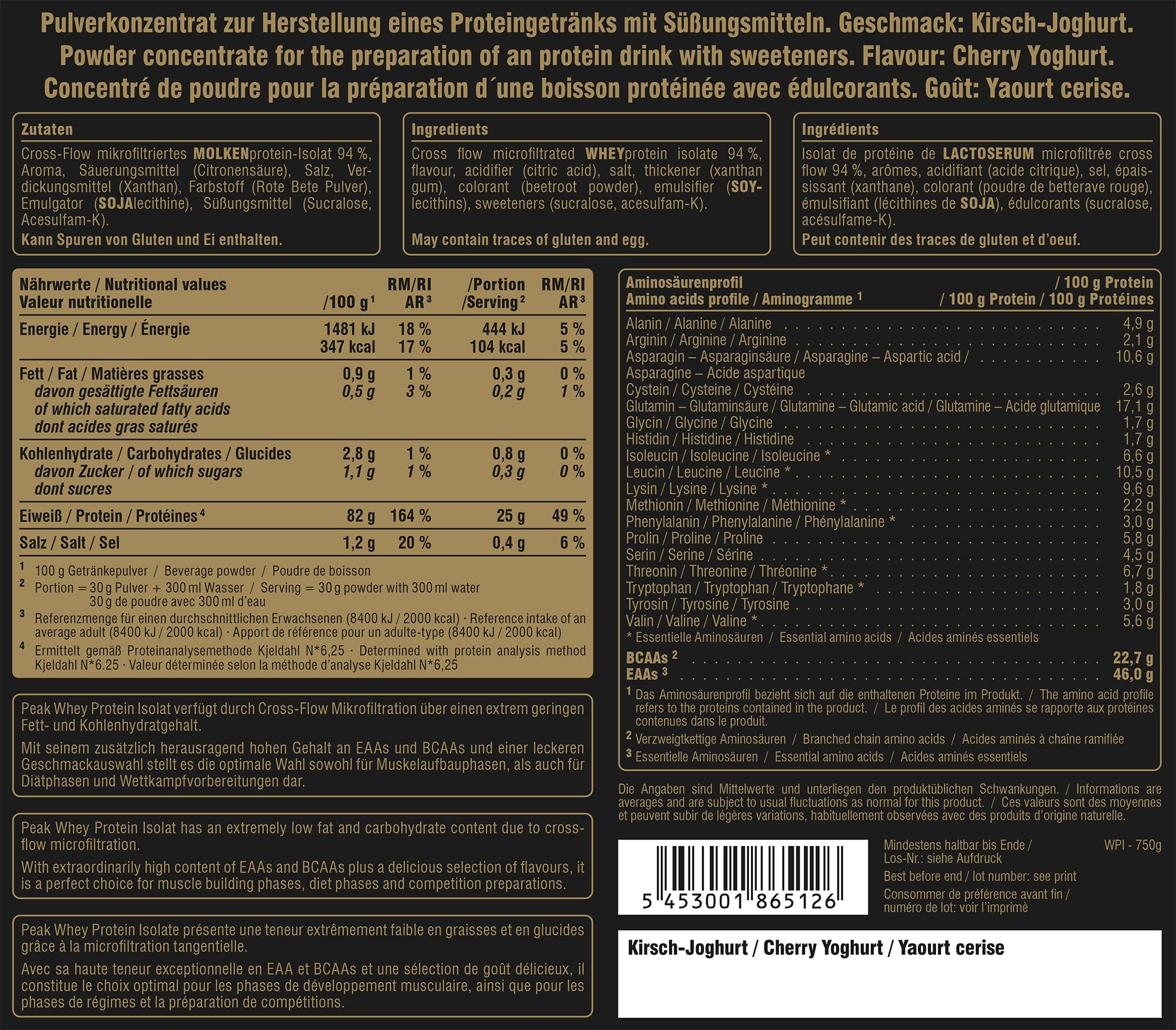 Green Peak Proteins PEAK Whey Protein Isolate proteine 750 g yogurt alla ciliegia