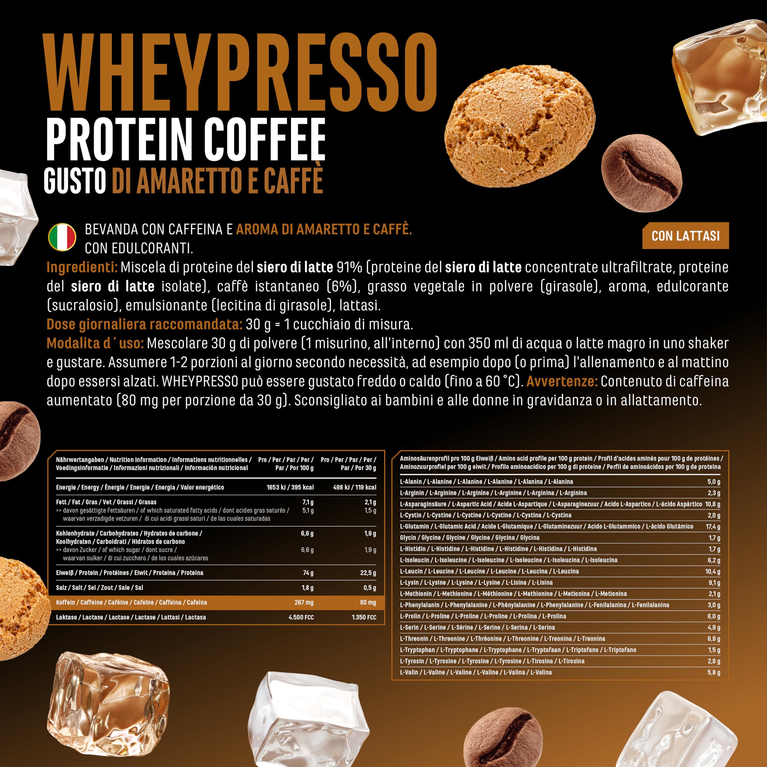 Elite Whey Protein Wheypresso Protein Coffee proteine Amaretto Americano 908 g con caffeina