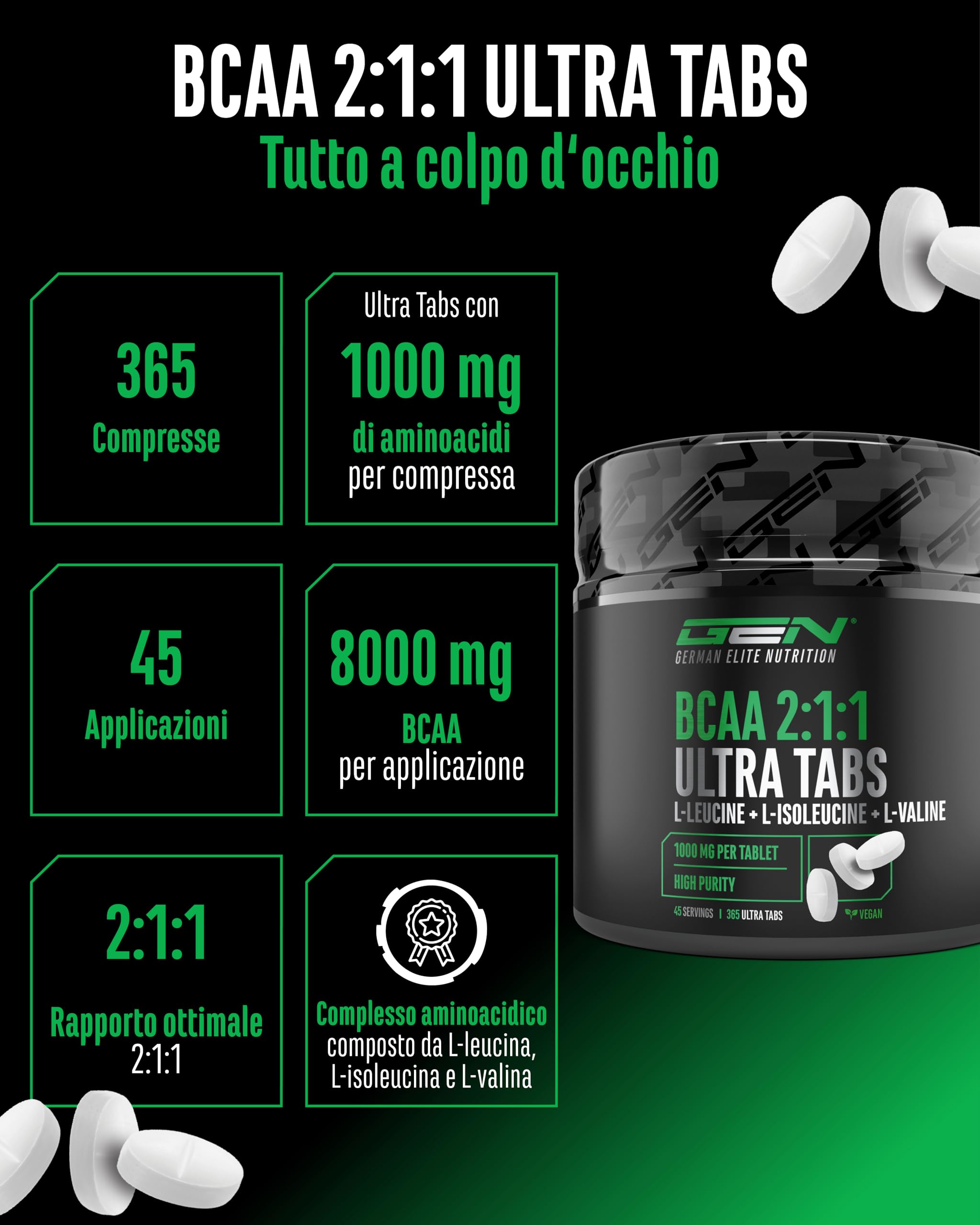 Elite EAA & BCAA BCAA Ultra Tabs compresse vegane 365, rapporto 2:1:1