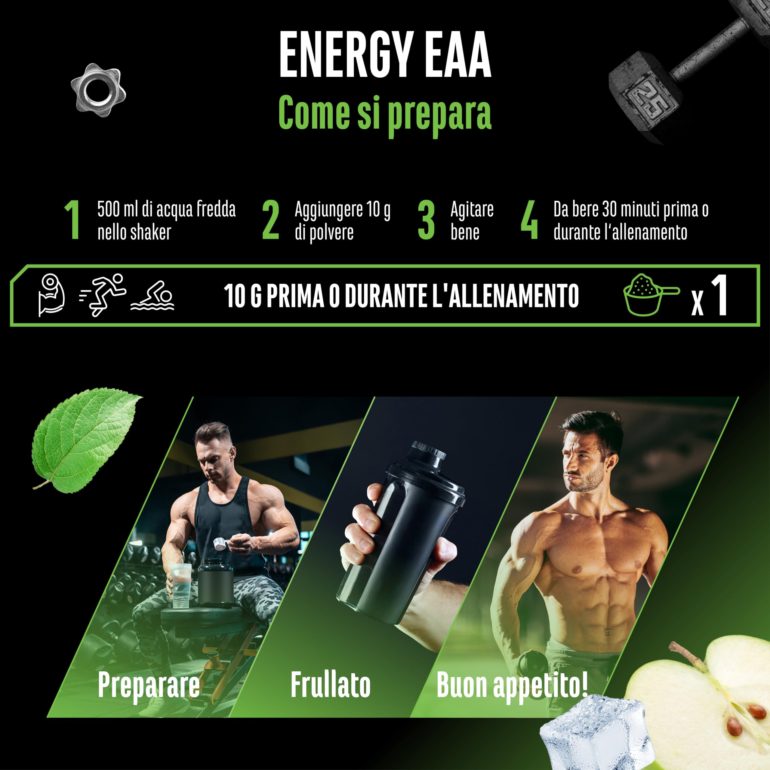 Elite Pre-Workout & Pump EAA Energy Mix pre-workout 500 g Mela Verde senza zucchero