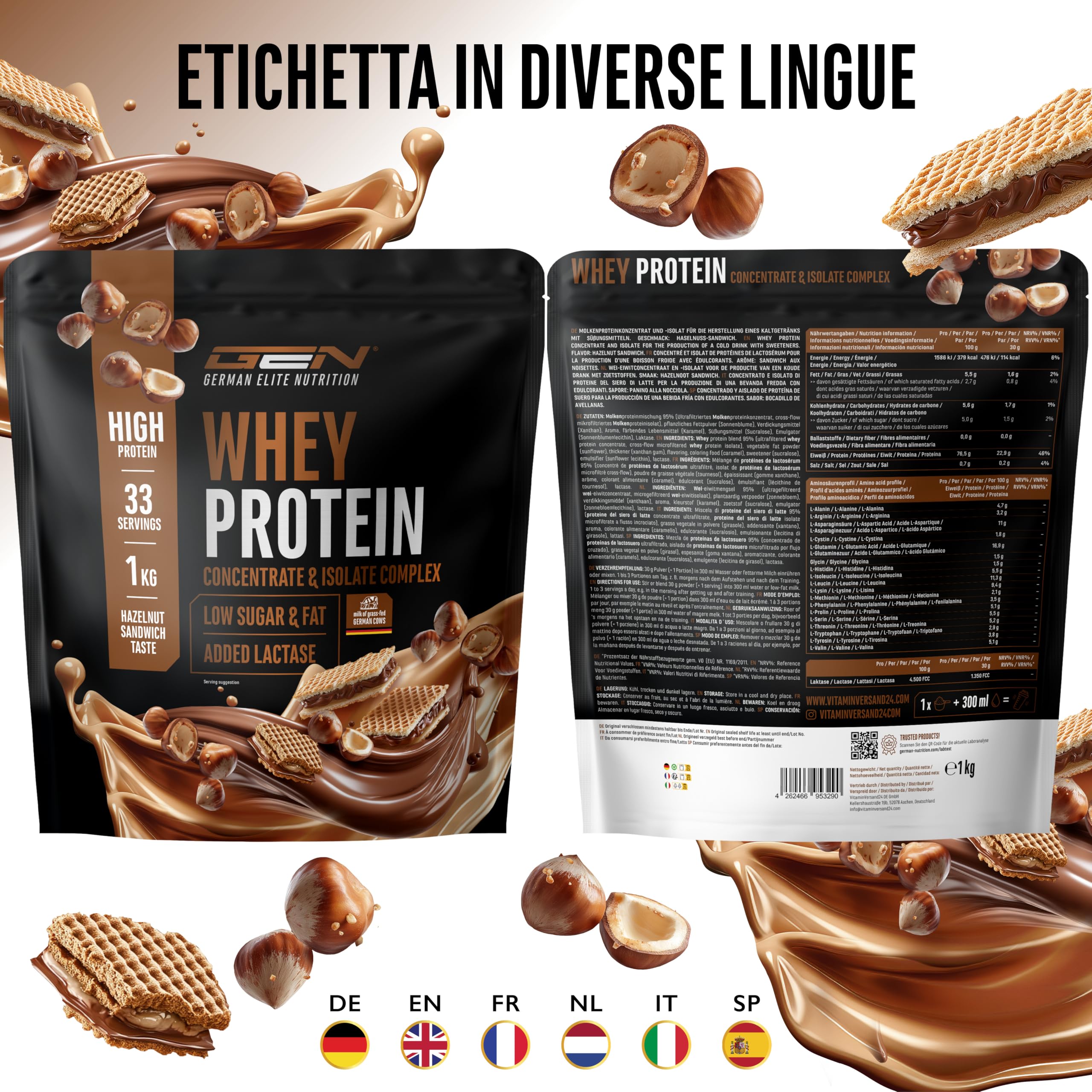 Elite Whey Protein Whey Protein in Polvere Panino alla Nocciola 1000 g con isolato