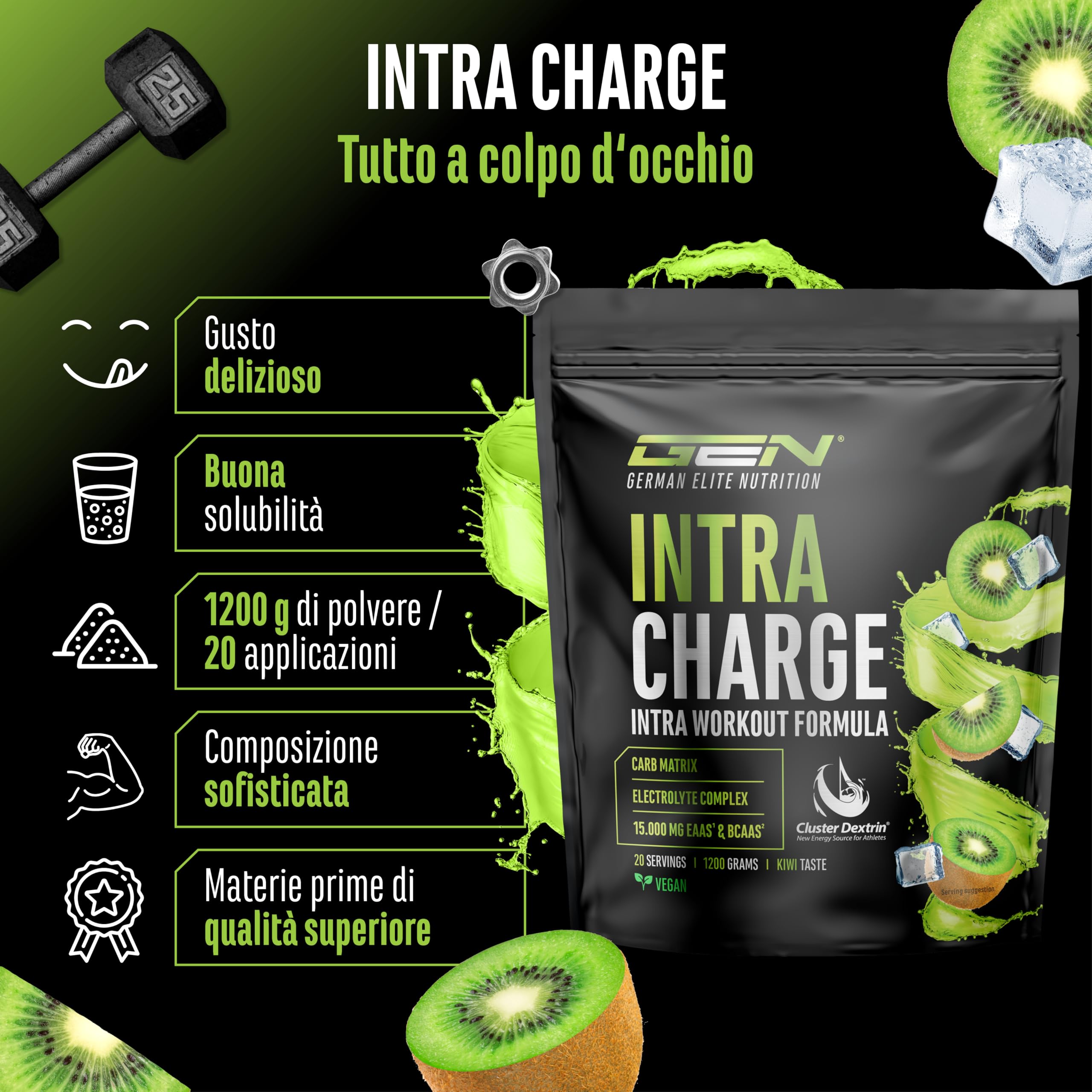 Elite Pre-Workout & Pump Intra Charge Workout Drink 1,2 kg Kiwi Vegano