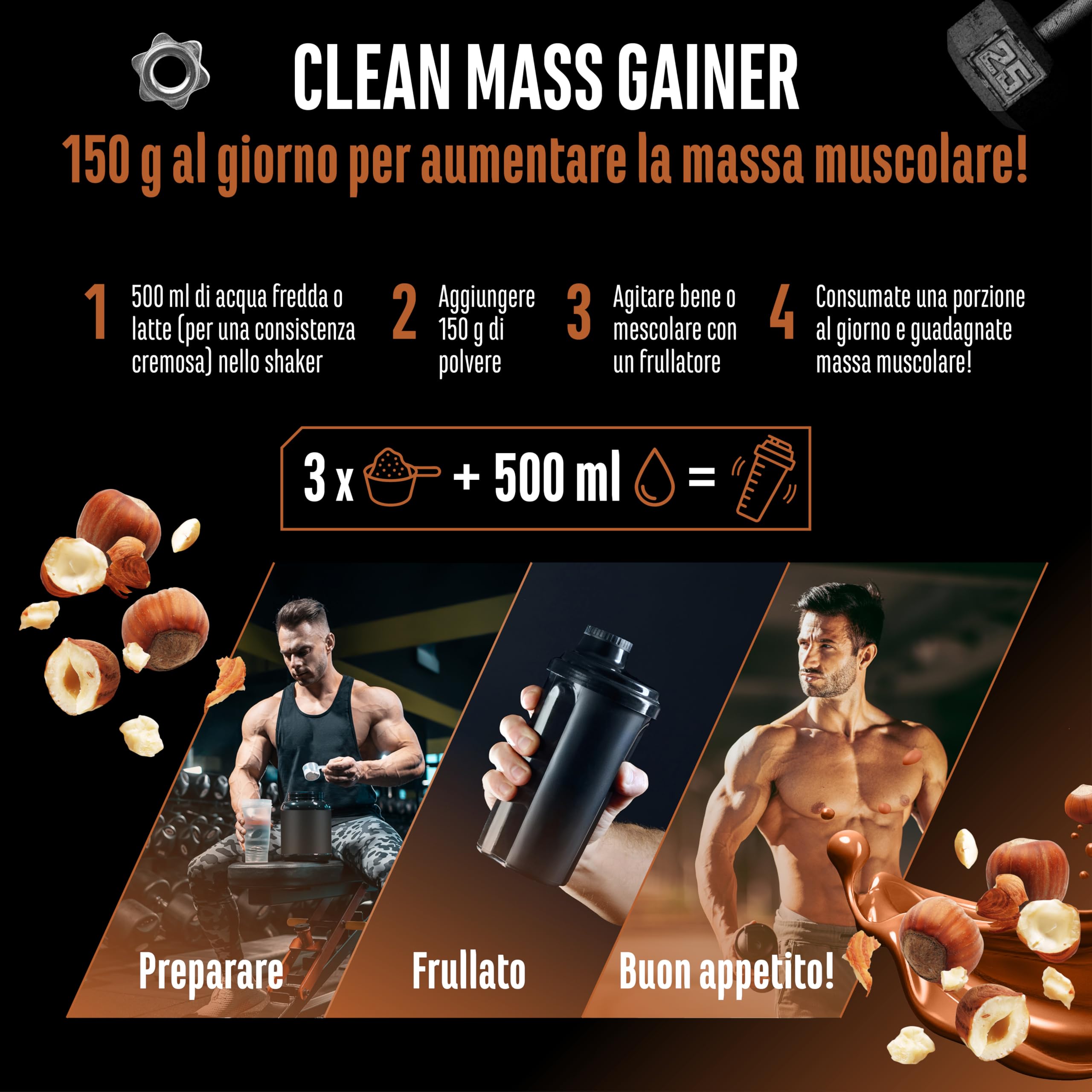 Elite Carbs & Mass Gainers Clean Weight Gainer gainer Torrone alla Nocciola 3 kg 36 g proteine