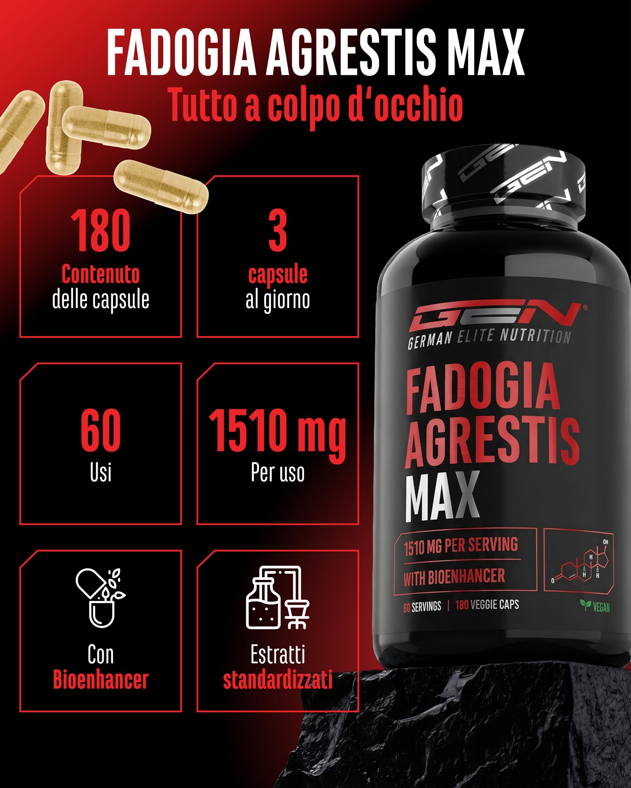 Elite Testo & Vitality Botanicals Fadogia Agrestis Max capsule vegane 180