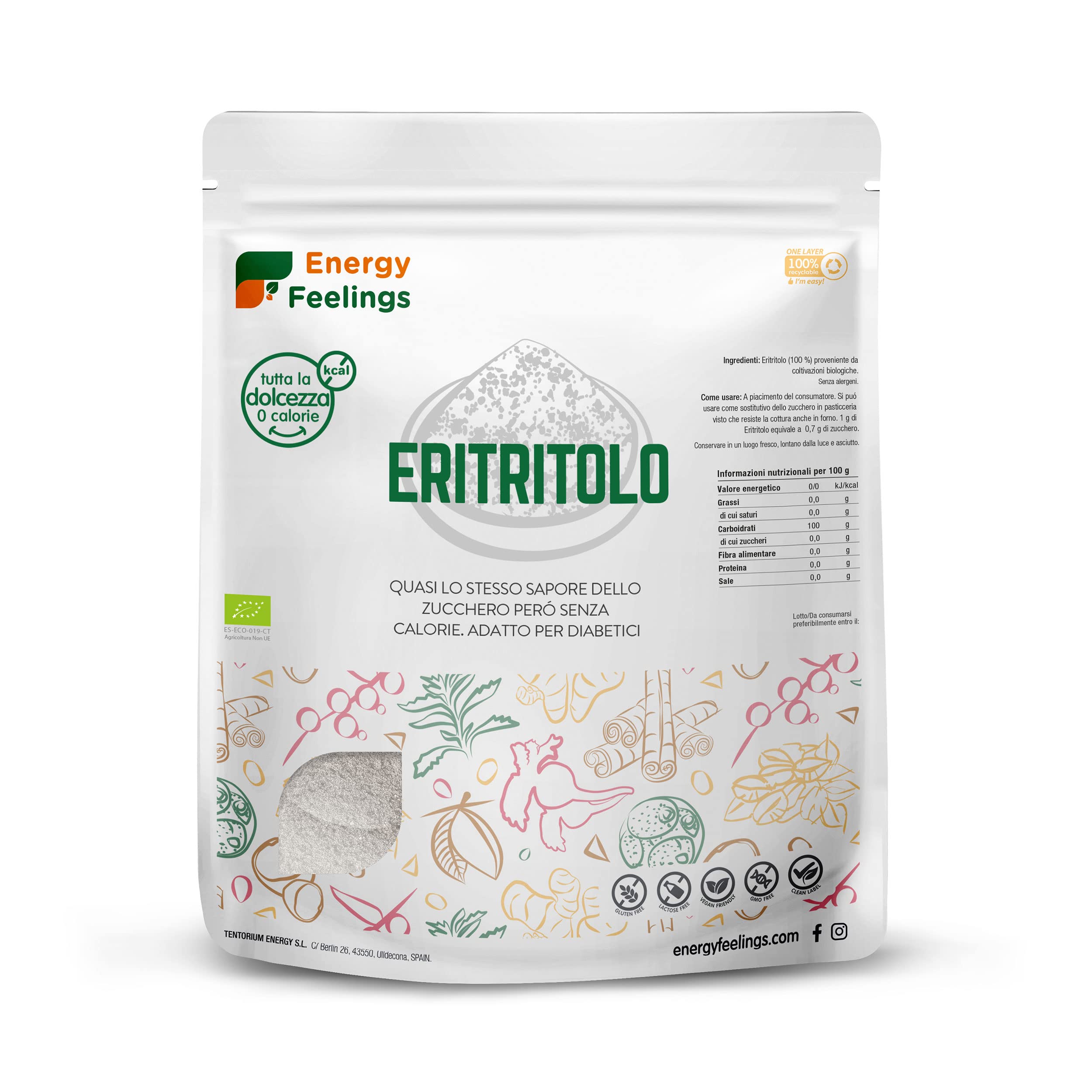 Energy Feelings Dolcificanti naturali Eritritolo Bio dolcificante 1 kg biologico