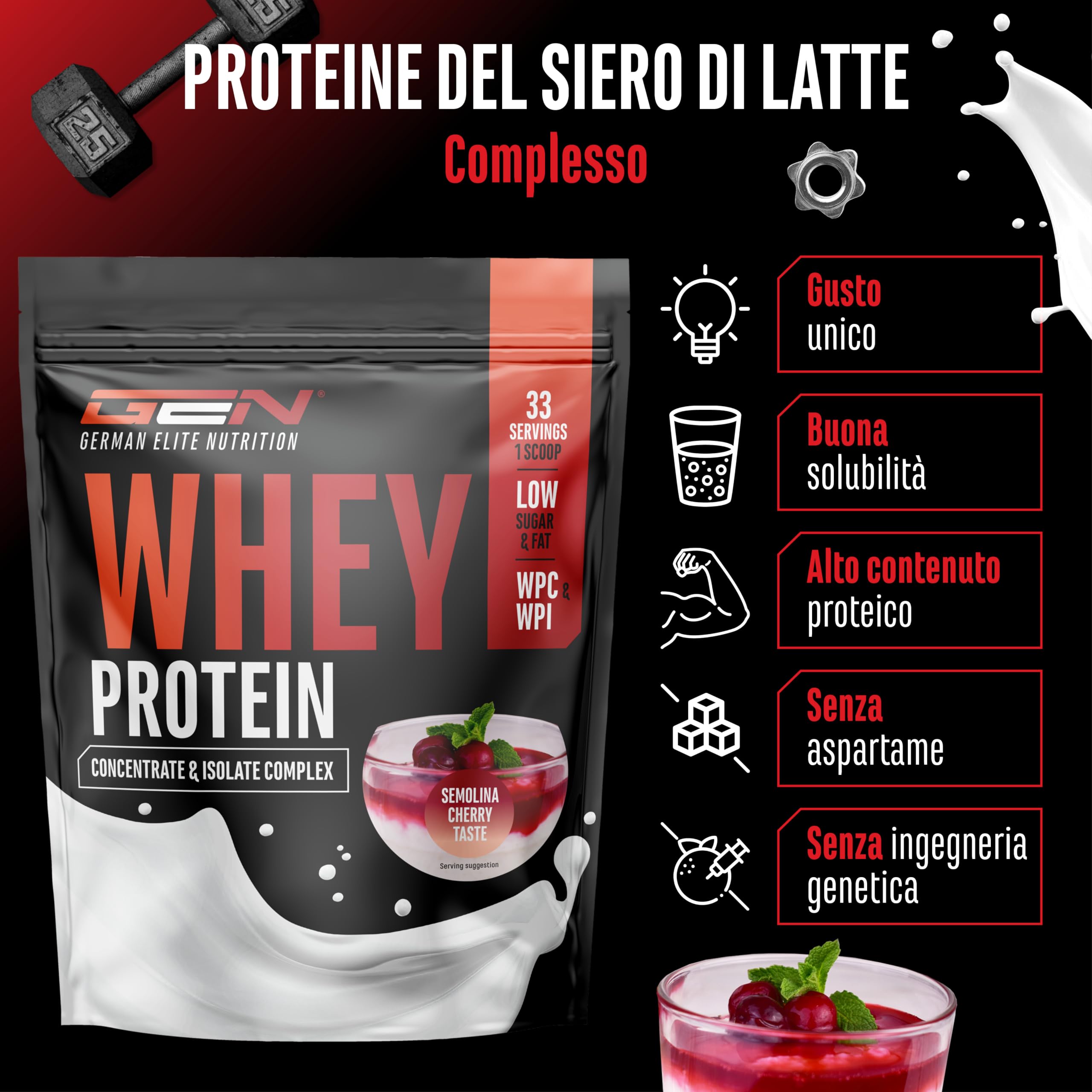 Elite Whey Protein Complex proteine in polvere 1 kg semolino di ciliegia con isolato