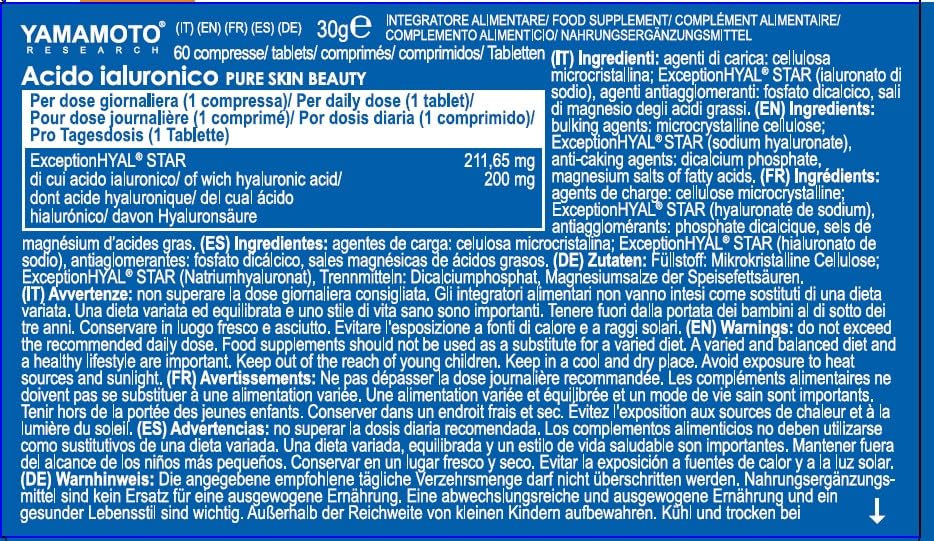 YAMAMOTO Pelle, Capelli e Antiage Acido Ialuronico Pure Skin Beauty integratore 60 compresse Anti-age