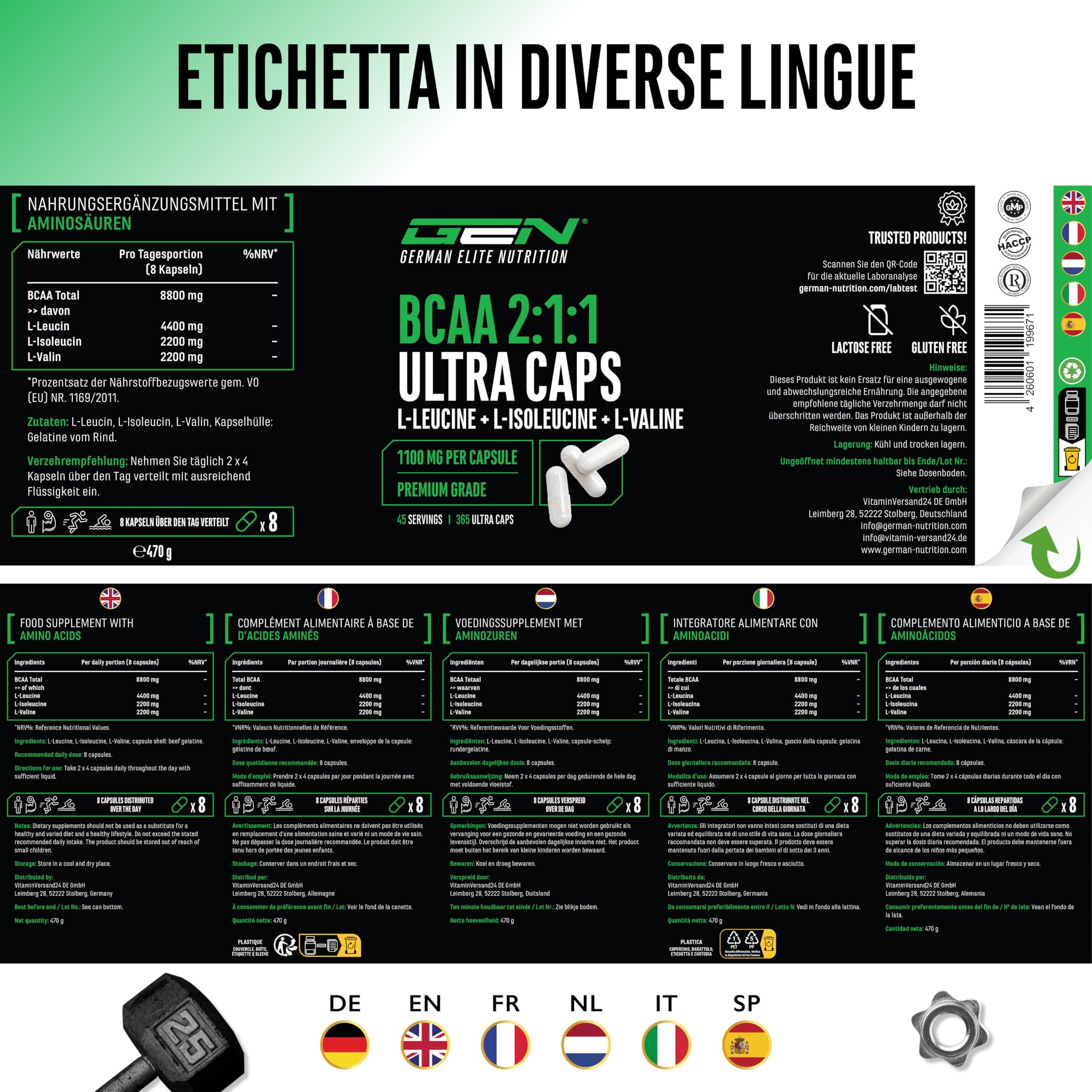 Elite EAA & BCAA BCAA Ultra Caps capsule 365 da 1100 mg rapporto 2:1:1