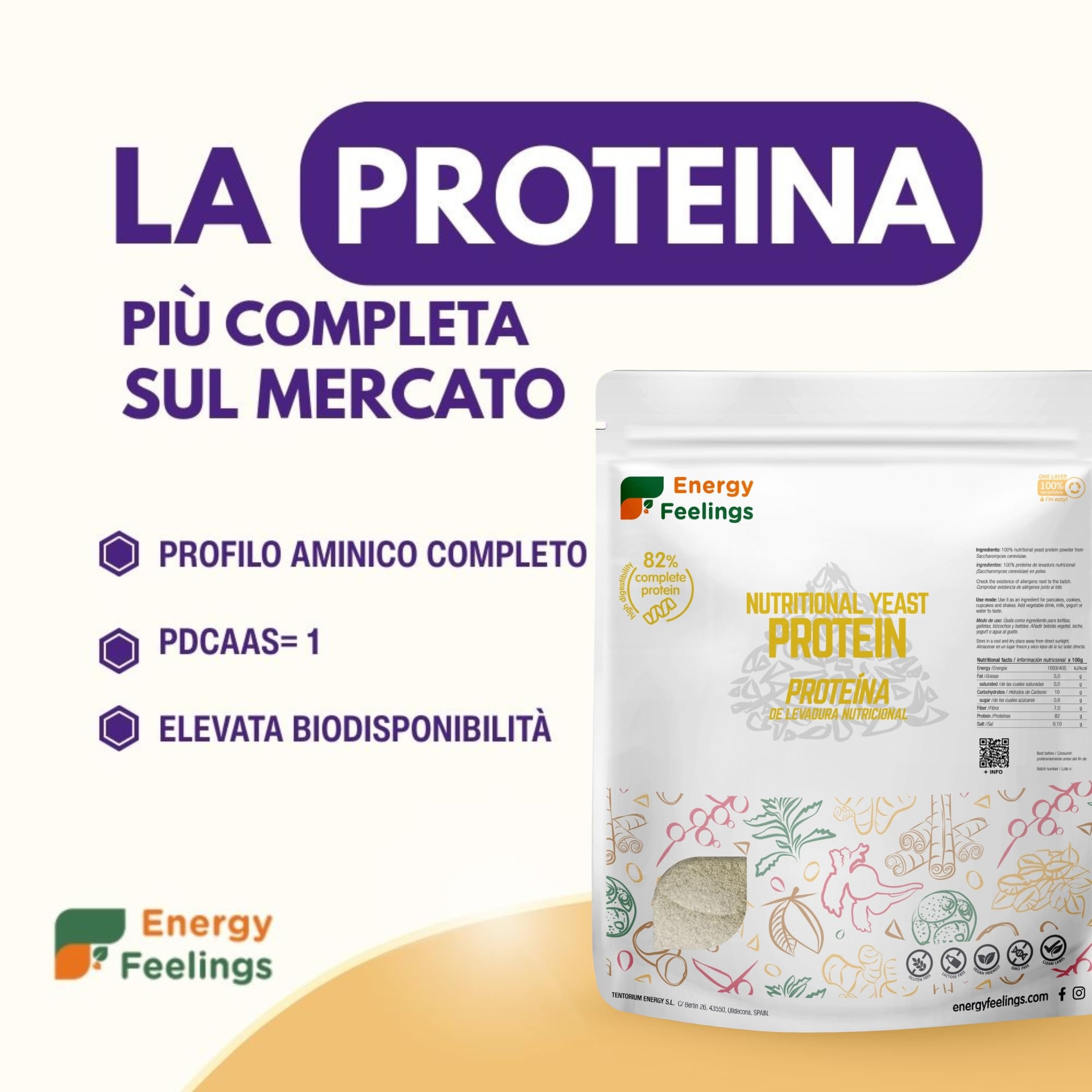 Energy Feelings Proteine vegane di lievito nutrizionale in polvere 1 kg neutre 82%