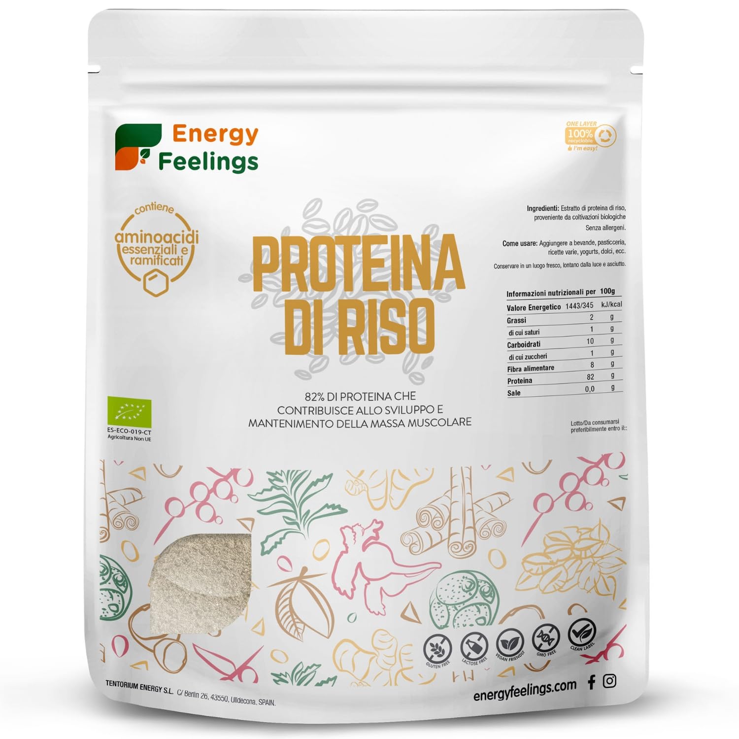 Energy Feelings Proteine di Riso in Polvere BIO proteine vegane 82% senza sapore 1 kg