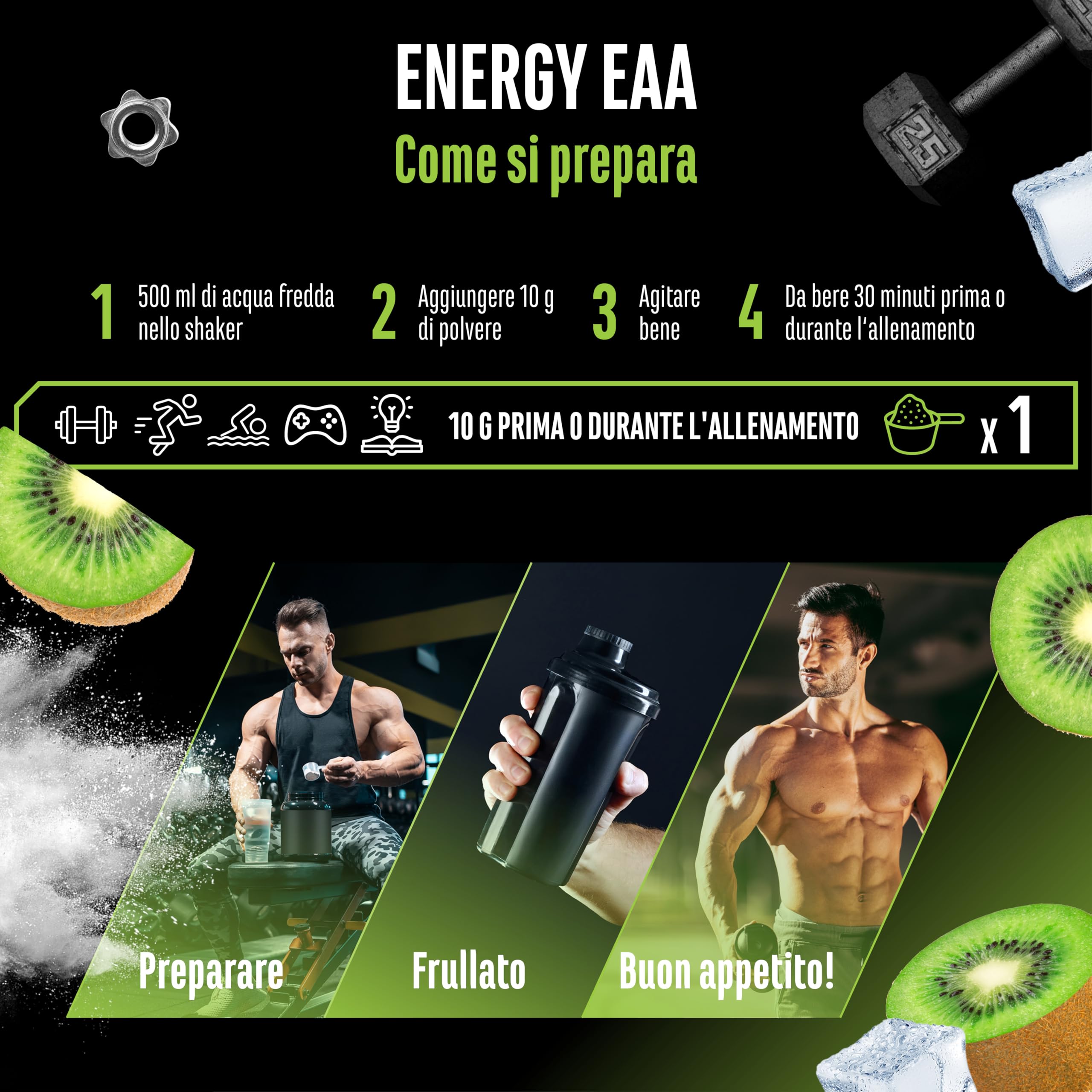 Elite Pre-Workout & Pump EAA Energy Mix pre-workout Kiwi 500 g senza zucchero