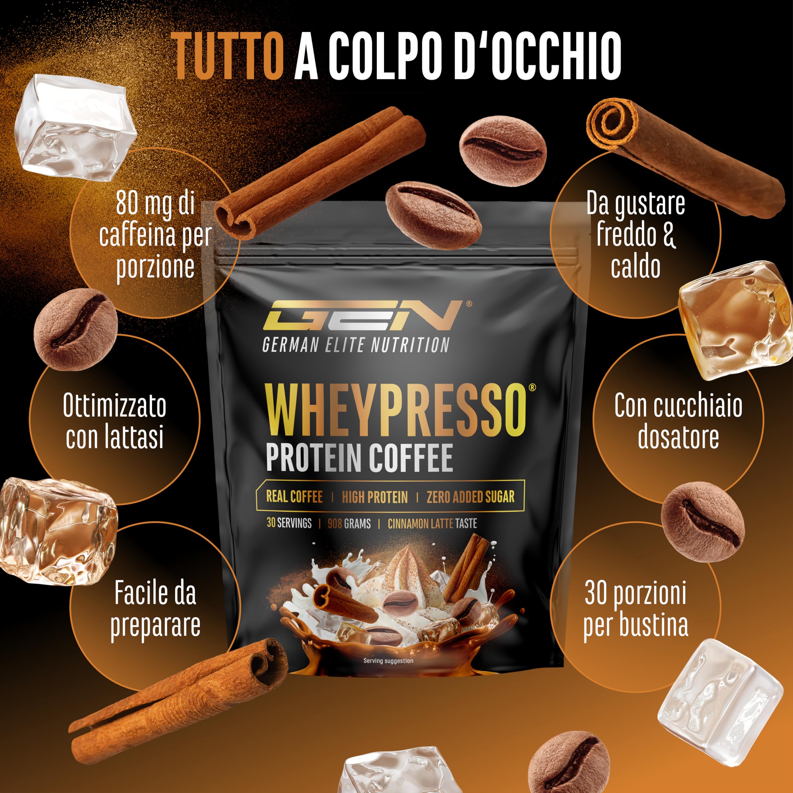 Elite Whey Protein Wheypresso Protein Coffee proteine whey 908 g Cinnamon Latte Coffee con caffeina