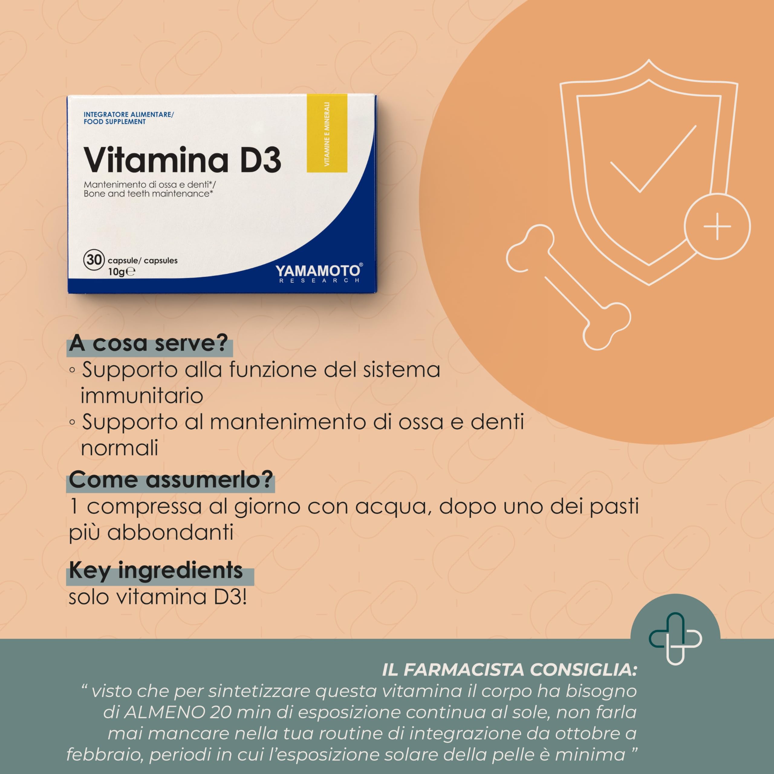 YAMAMOTO Vitamine e Minerali Vitamin D3 integratore vitamina D3 30 capsule 50 mcg