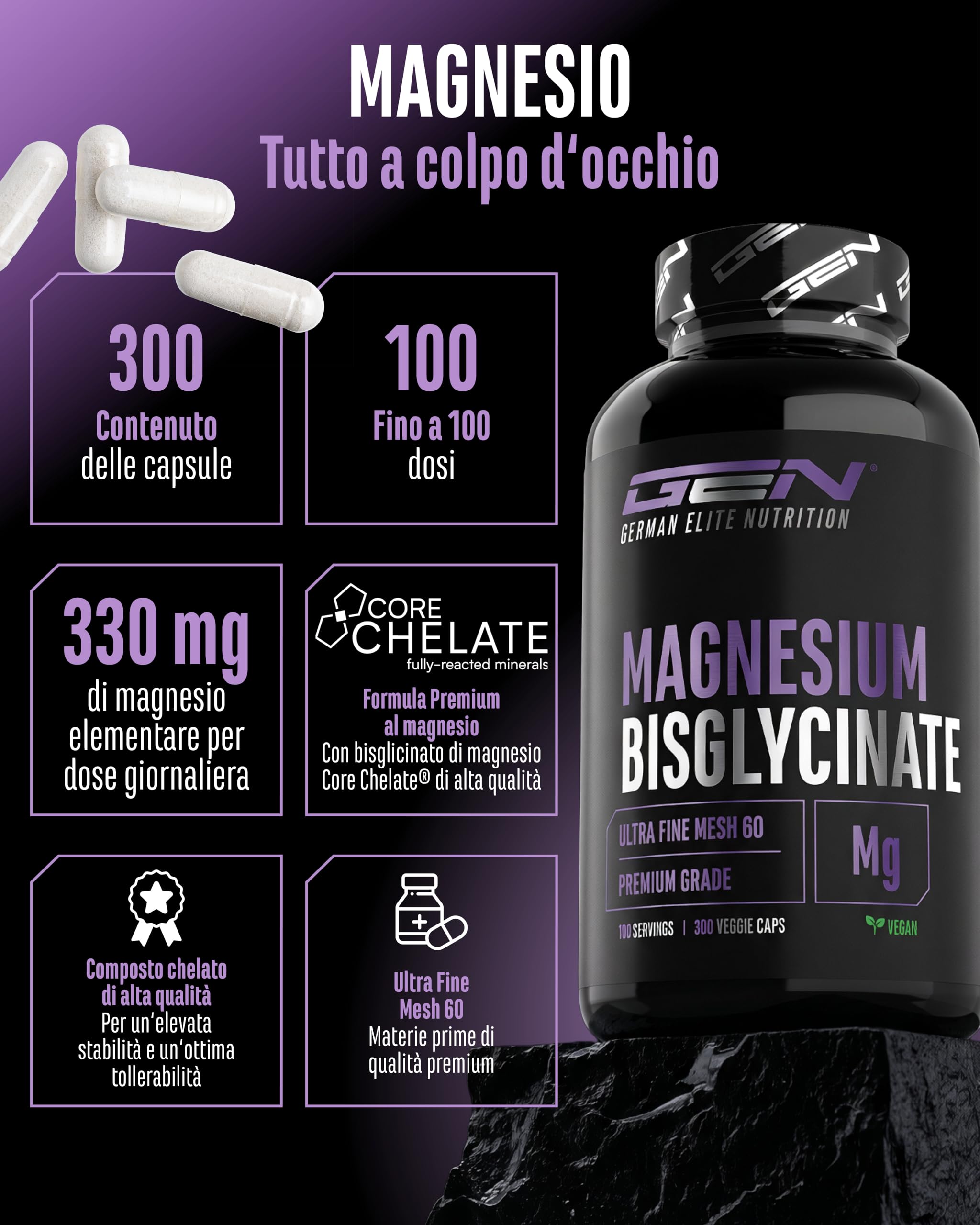 Elite Vitamins, Minerals & Hydration Magnesio Bisglicinato capsule 300 vegane