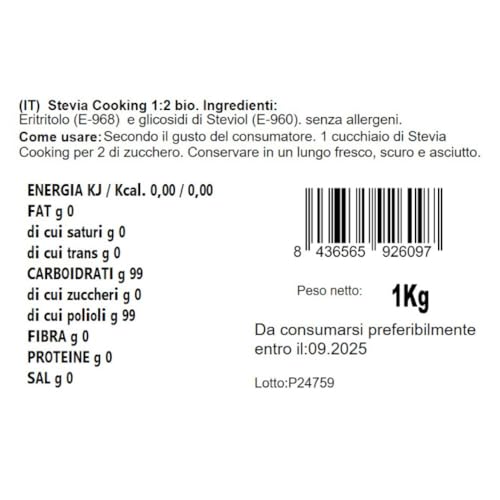 Energy Feelings Endulzantes naturales Stevia Cooking BIO 1:2 dolcificante 1 kg biologico