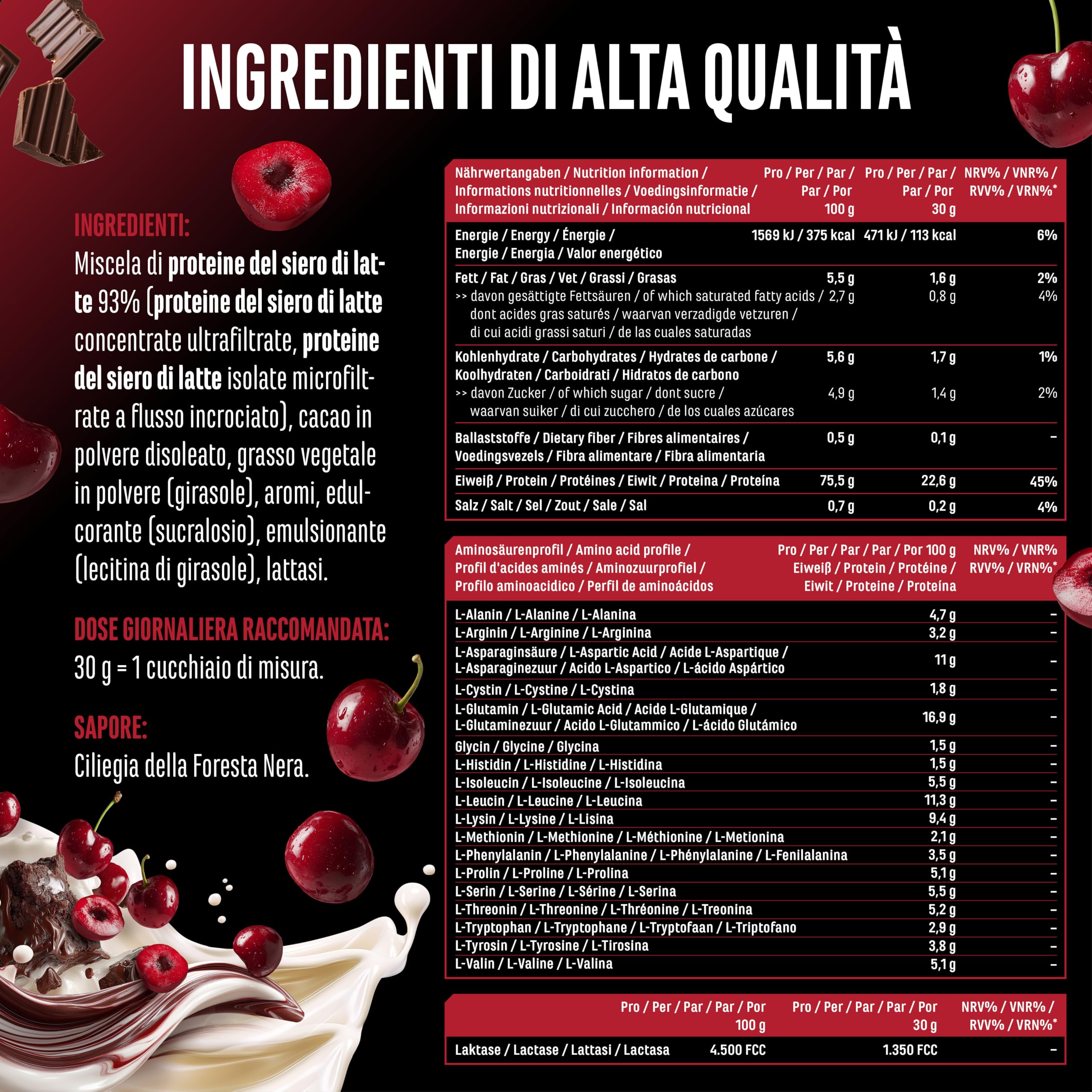 Elite Whey Protein in polvere 1000 g Ciliegia della Foresta Nera con lattasi