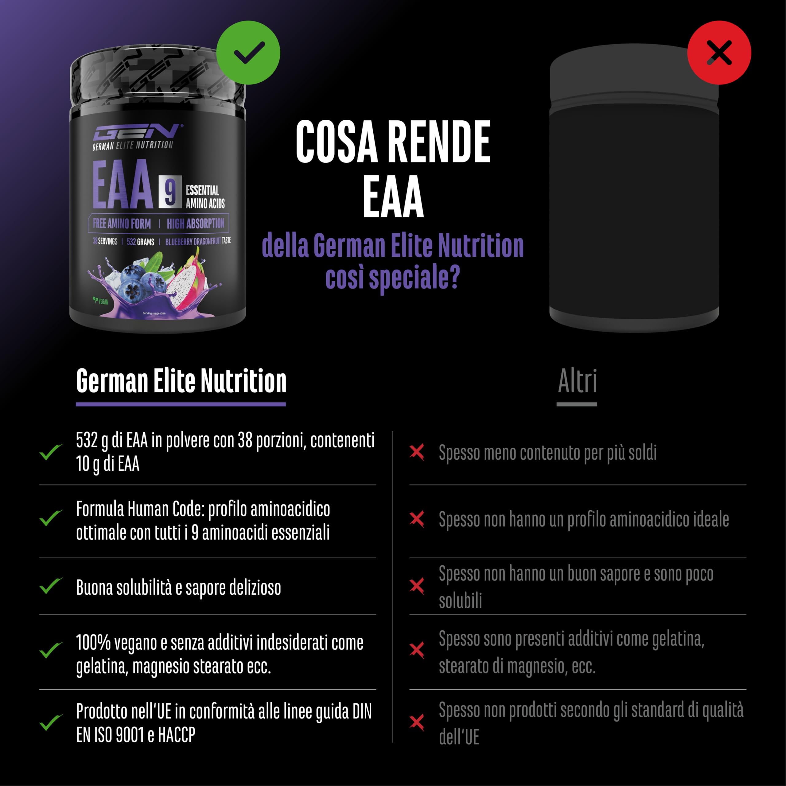 Elite EAA & BCAA EAA in Polvere aminoacidi essenziali vegani 532 g Blueberry Dragonfruit