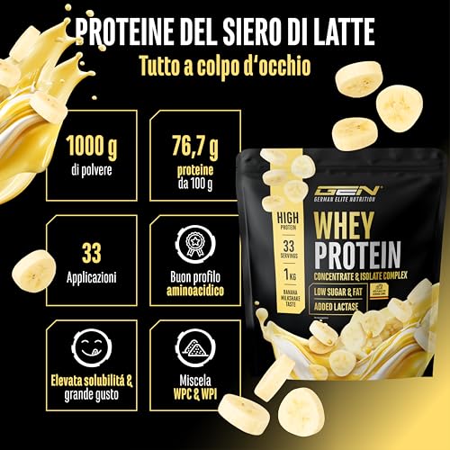 Elite Whey Protein in Polvere proteine gusto Frullato alla Banana 1000 g con lattasi