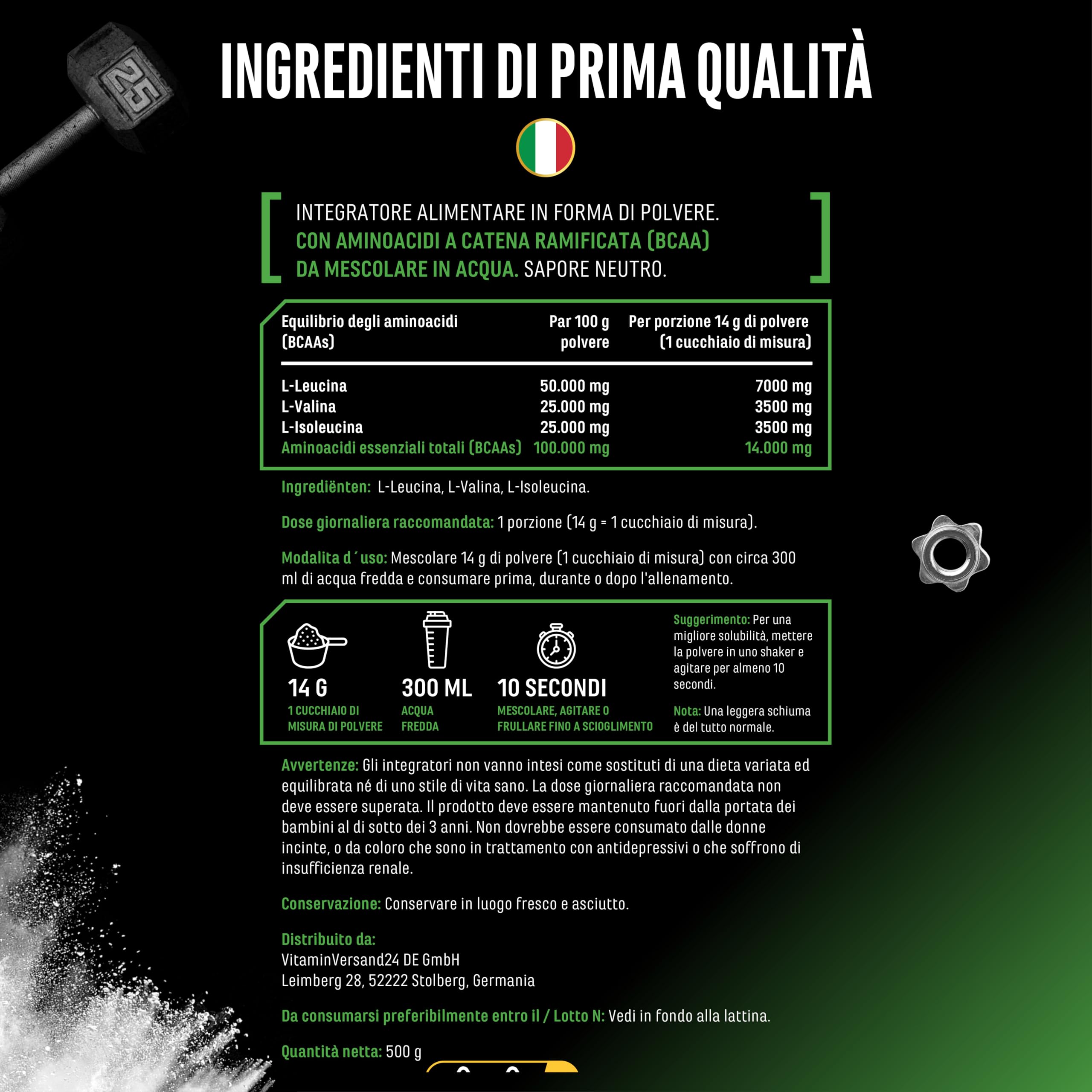 Elite EAA & BCAA BCAA 2:1:1 polvere 500 g pura senza additivi