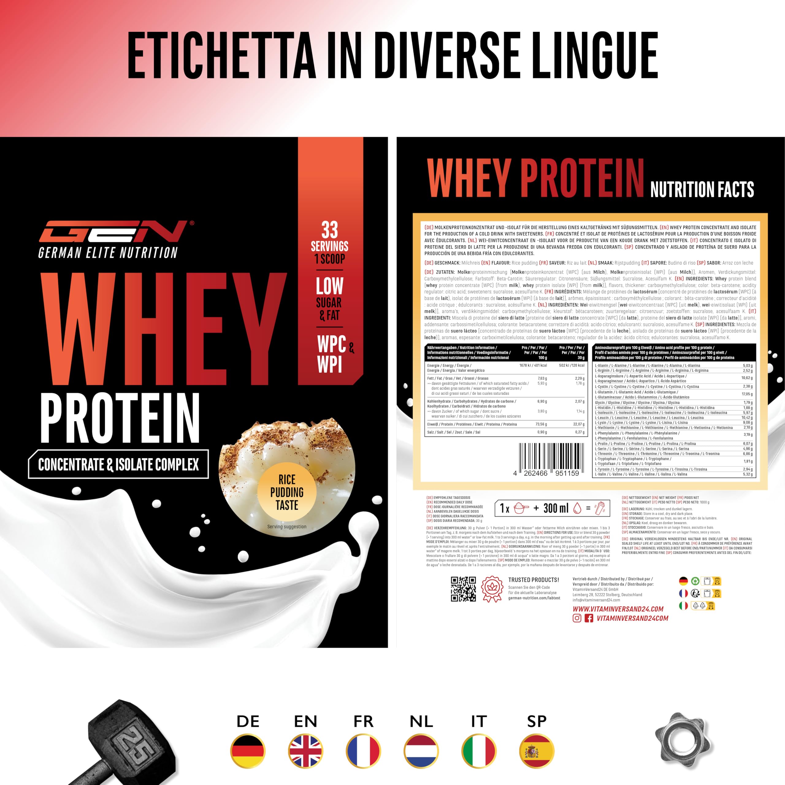 Elite Whey Protein Whey Proteine Complesso 1000 g riso al latte isolato