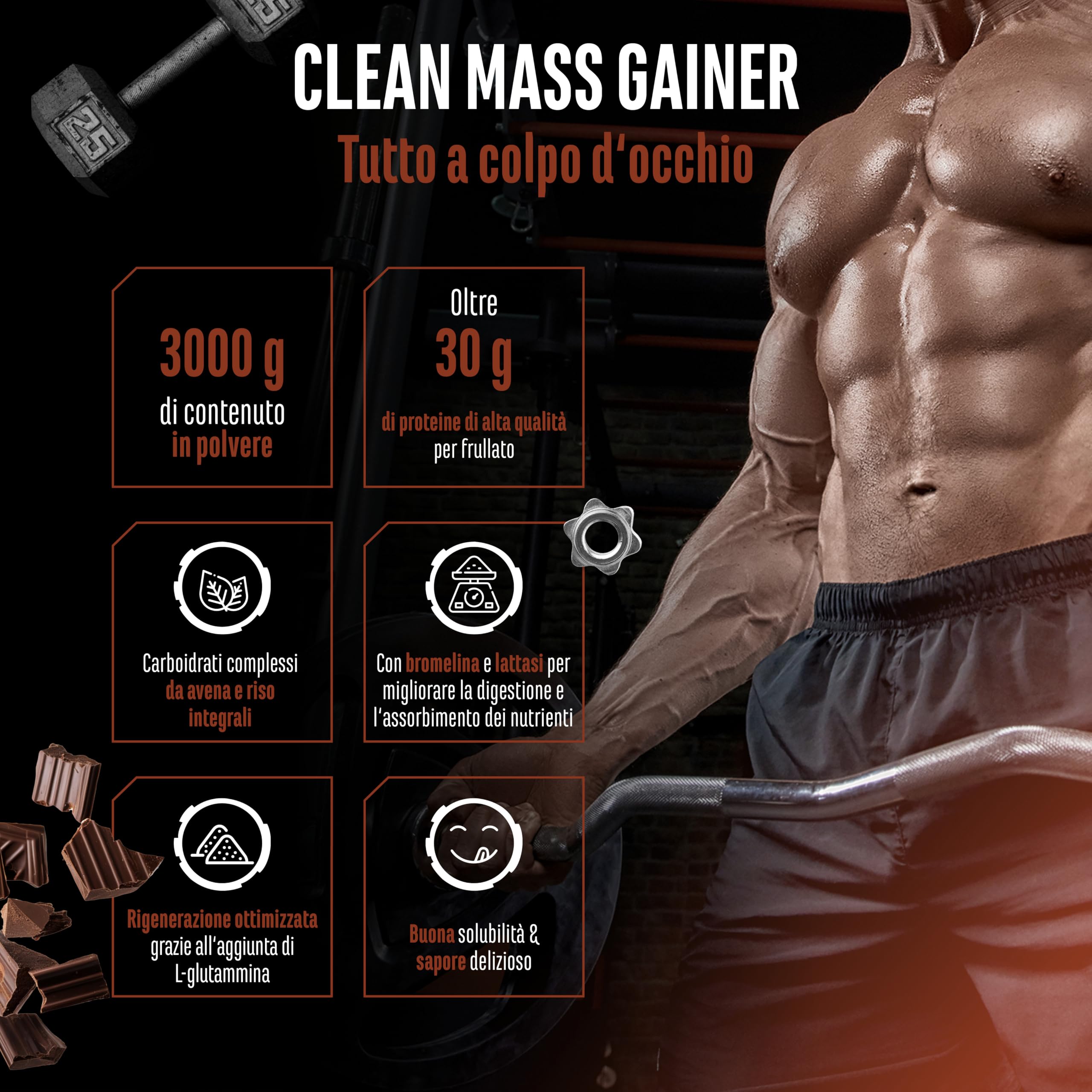 Elite Carbs & Mass Gainers Clean Weight Gainer polvere 3 kg cioccolato con carboidrati complessi
