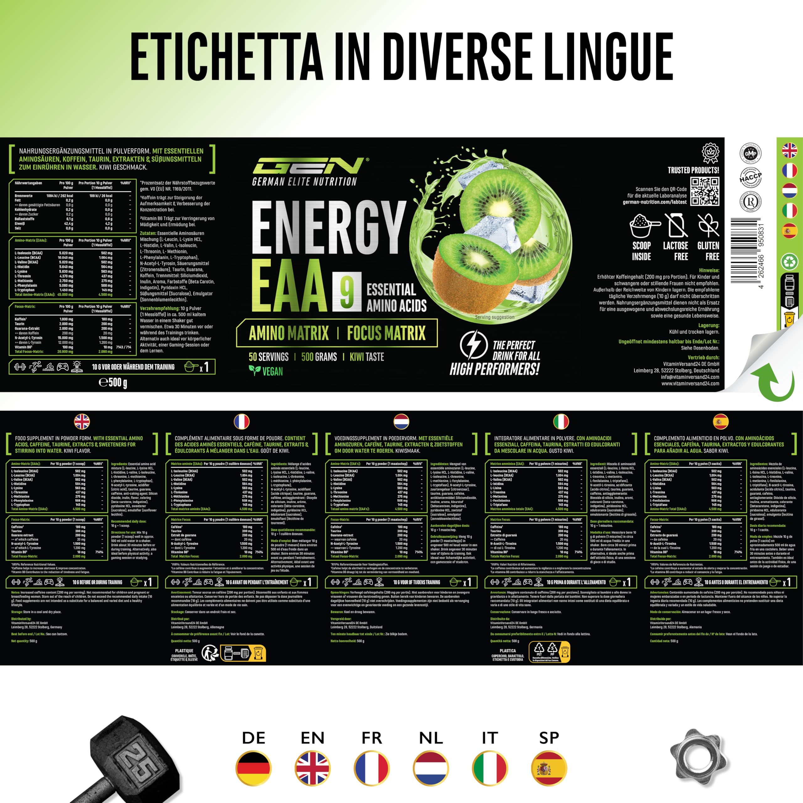Elite Pre-Workout & Pump EAA Energy Mix pre-workout Kiwi 500 g senza zucchero