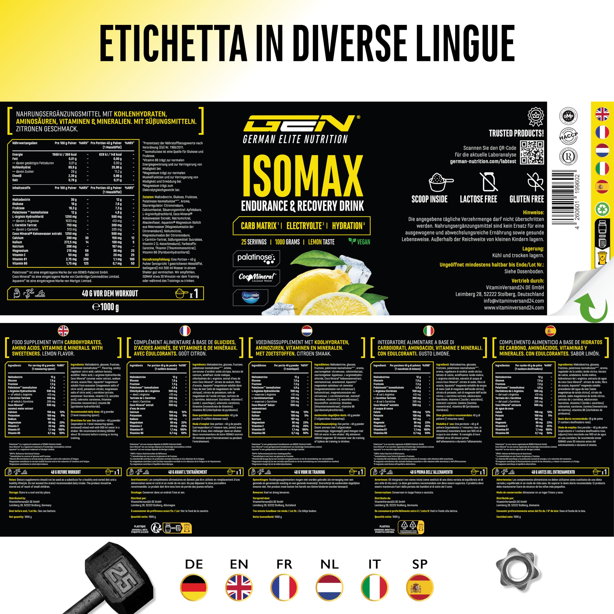 Elite Vitamins, Minerals & Hydration Isomax bevanda isotonica limone 1000 g vegana