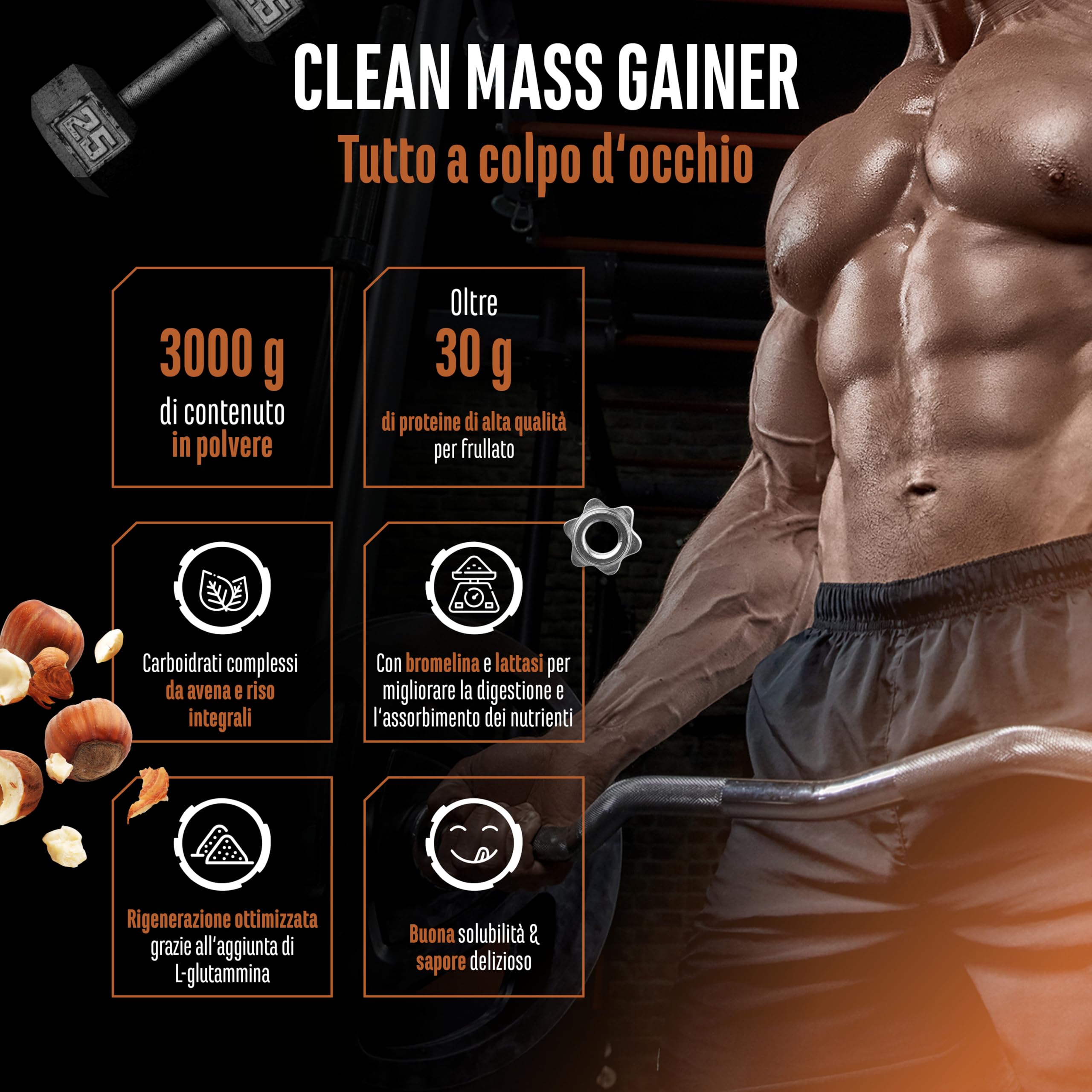 Elite Carbs & Mass Gainers Clean Weight Gainer gainer Torrone alla Nocciola 3 kg 36 g proteine