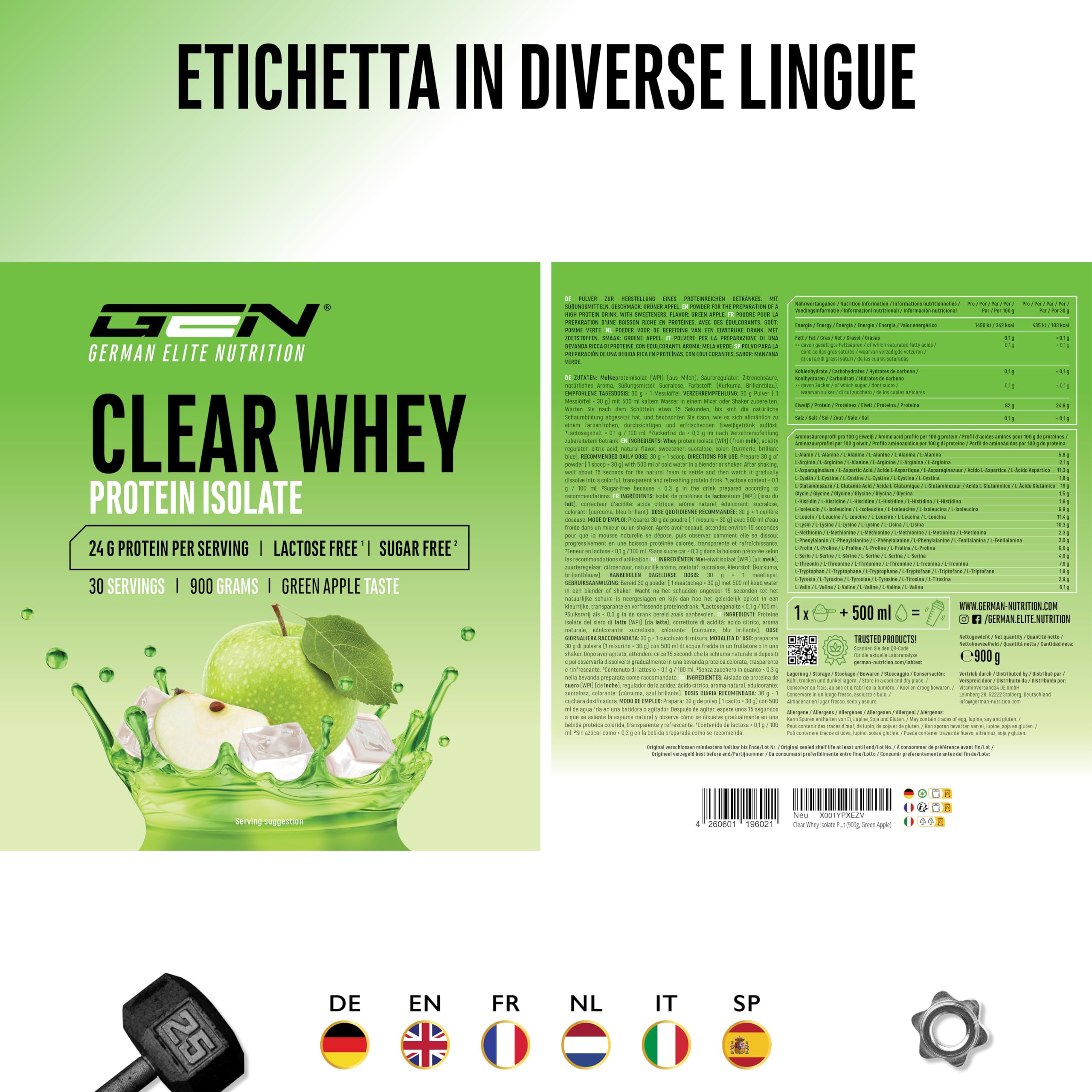 Elite Clear Whey Isolate Protein Shake proteine 900 g mela verde isolate