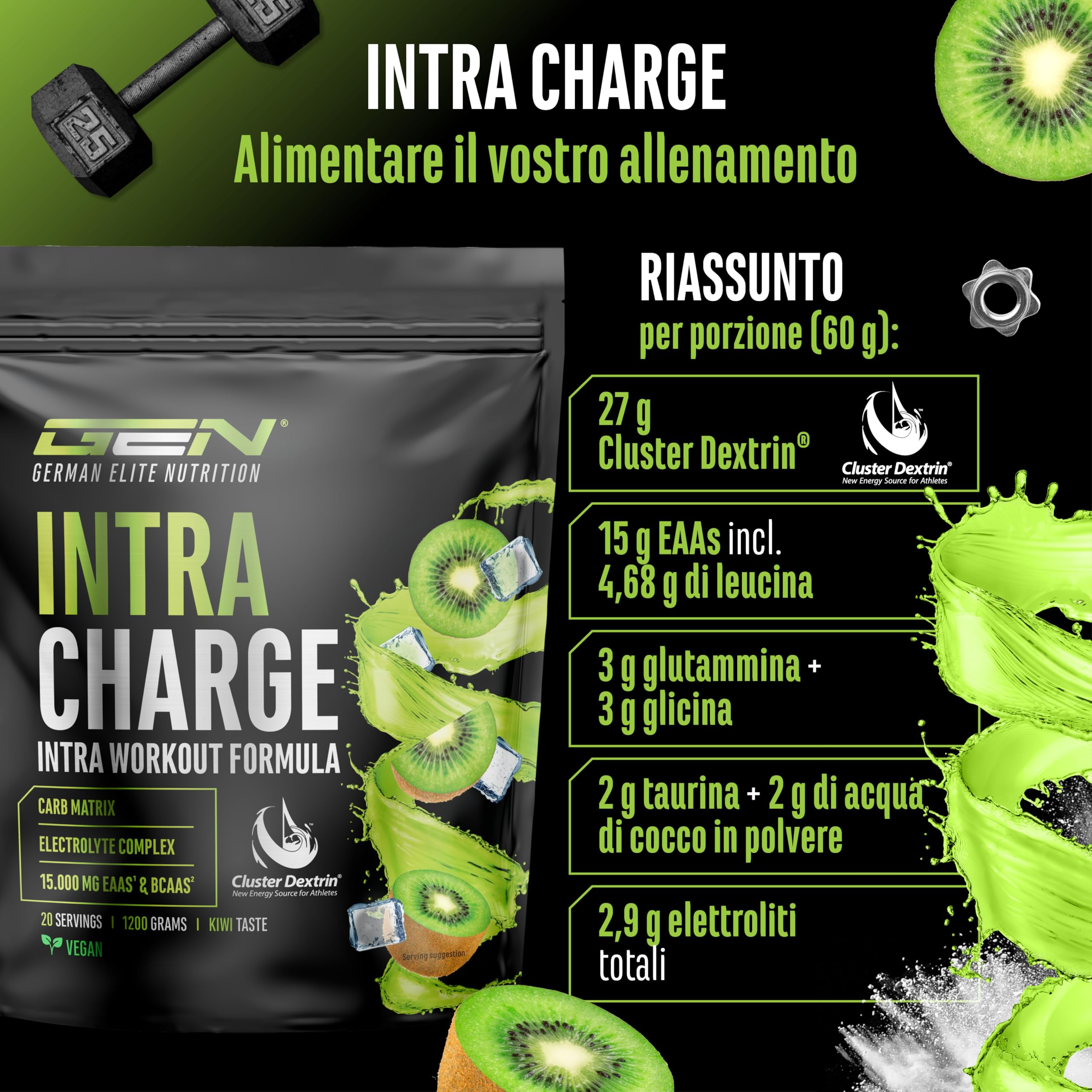 Elite Pre-Workout & Pump Intra Charge Workout Drink 1,2 kg Kiwi Vegano