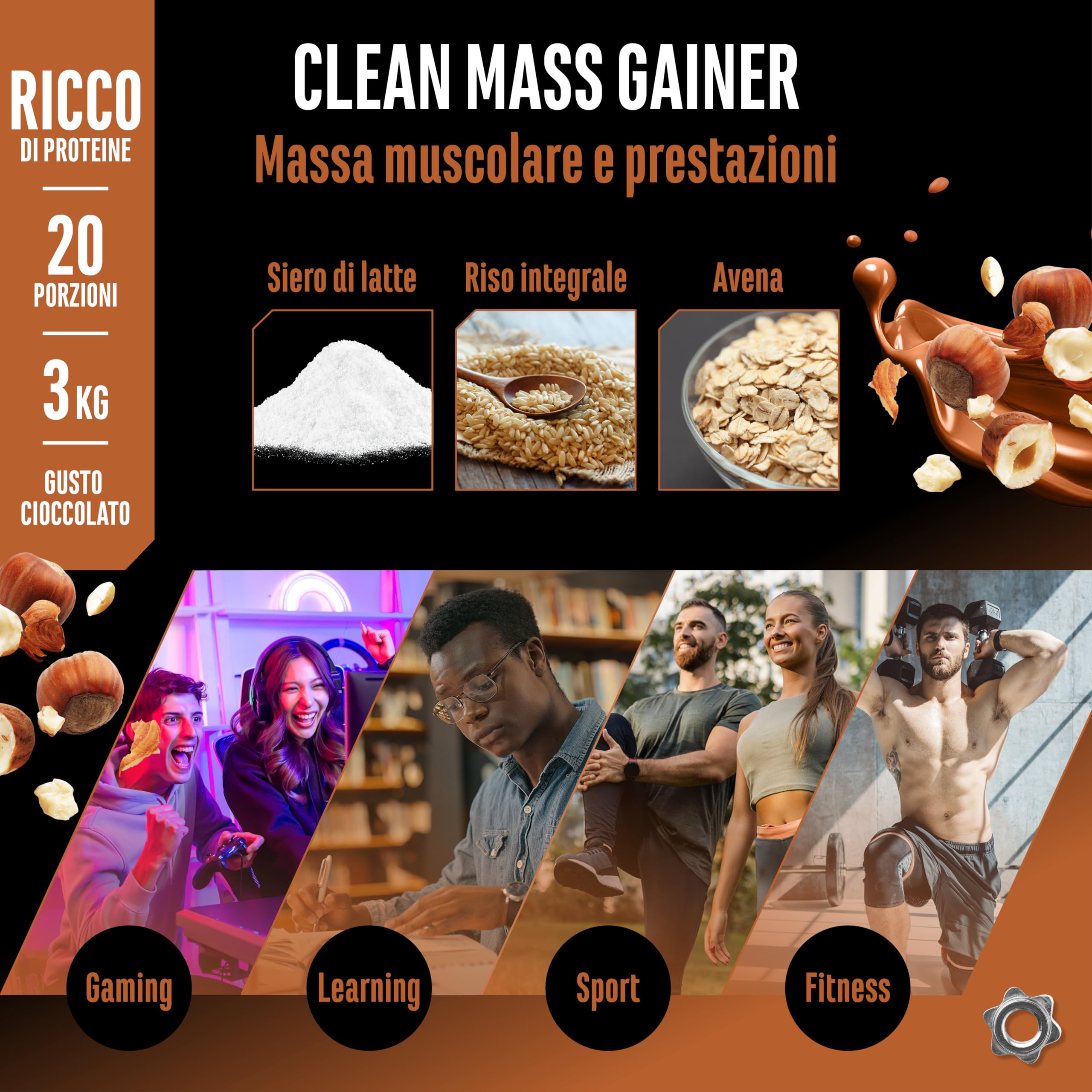 Elite Carbs & Mass Gainers Clean Weight Gainer gainer Torrone alla Nocciola 3 kg 36 g proteine
