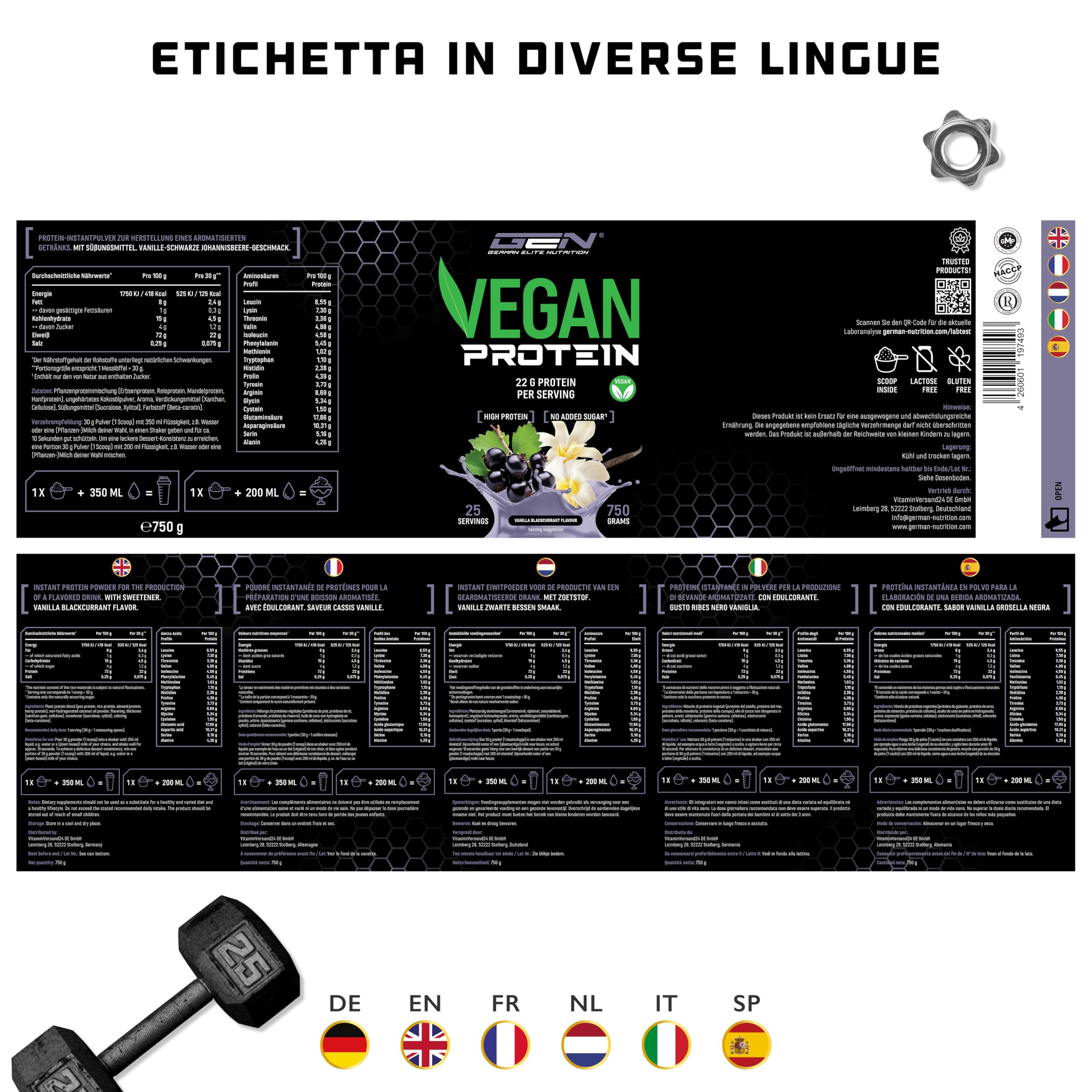 Elite Plant Protein GEN Vegan Protein proteine vegane in polvere Vaniglia Ribes Nero 750 g senza soia