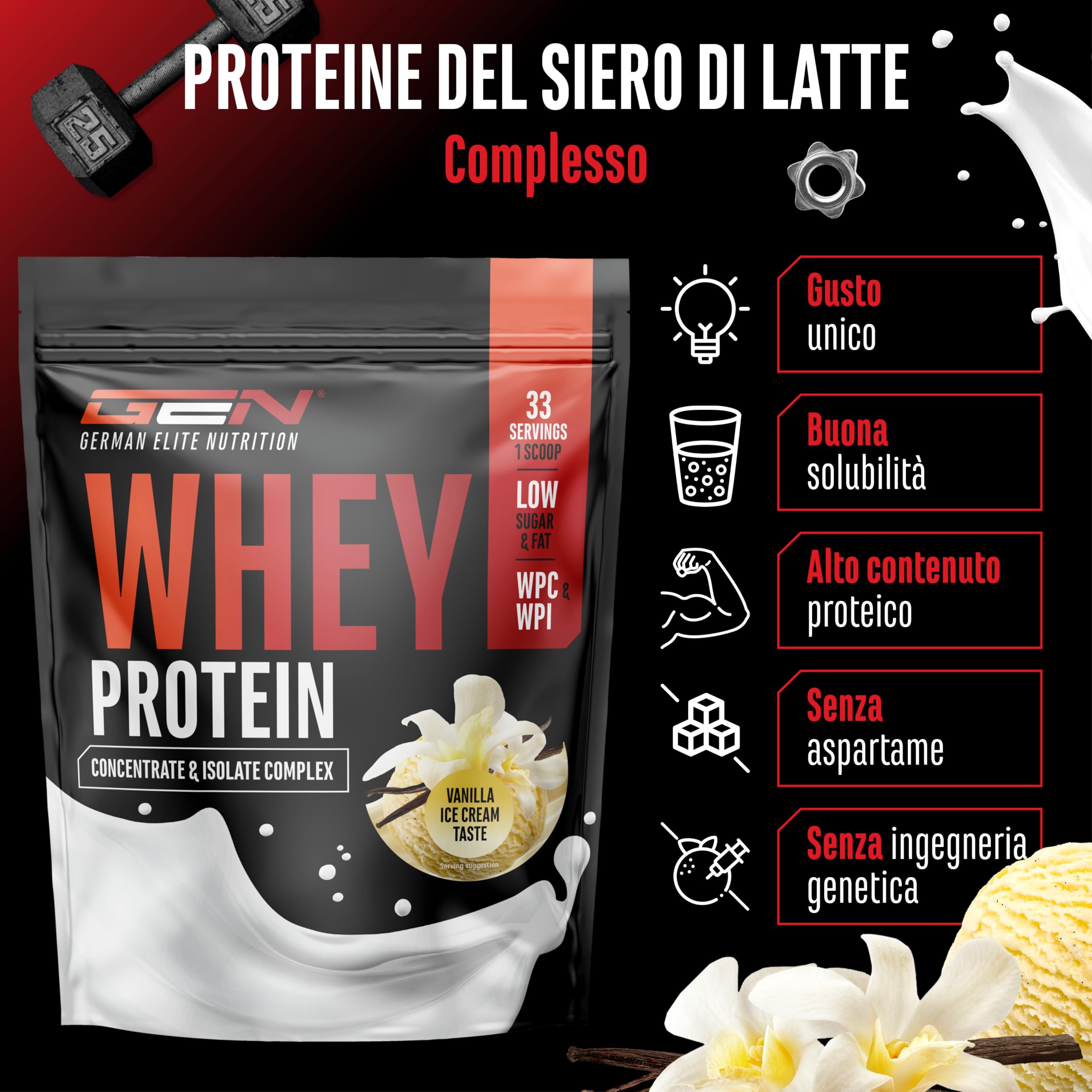 Elite Whey Protein Whey Proteine Complesso proteine in polvere 1000 g gelato alla vaniglia con isolato