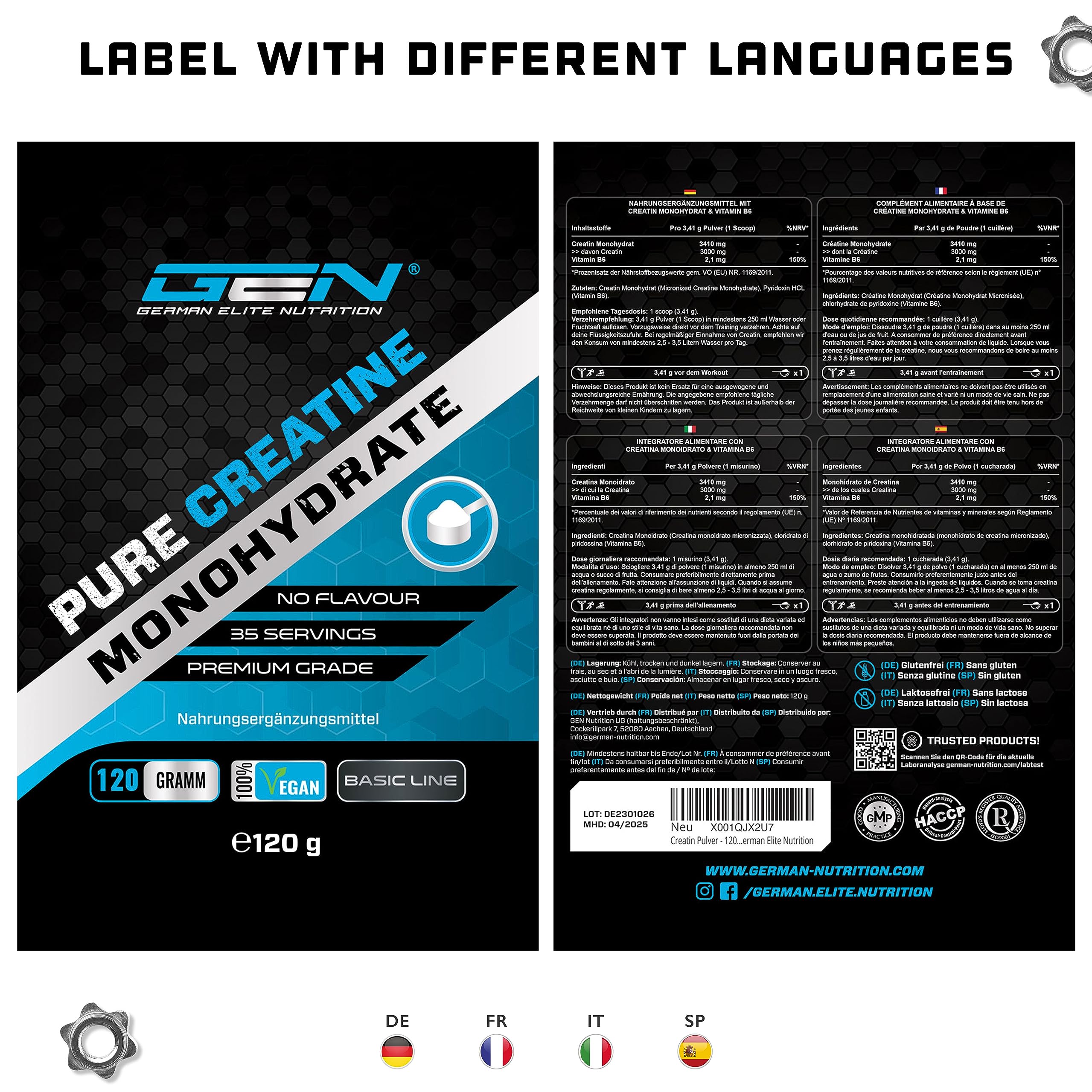 Elite Creatine Creatina in polvere 120 g Monoidrato vegana