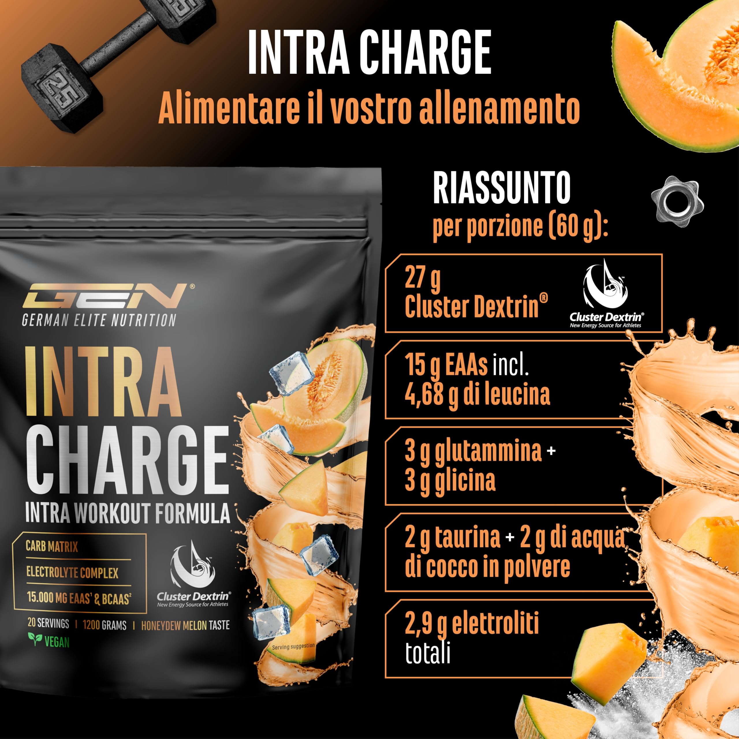 Elite Pre-Workout & Pump Intra Charge Workout Drink bevanda in polvere 1,2 kg Honeydew Melon