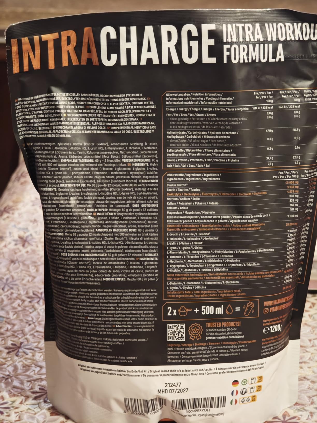 Elite Pre-Workout & Pump Intra Charge Workout Drink bevanda in polvere 1,2 kg Honeydew Melon