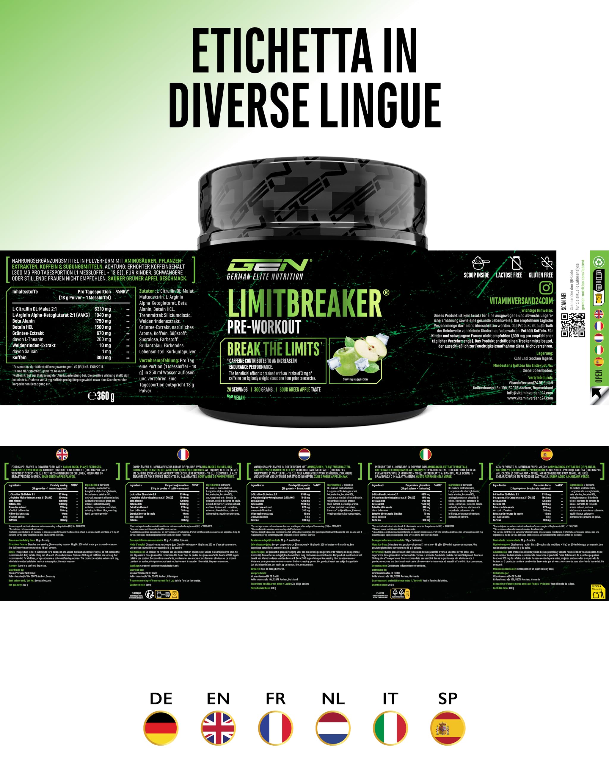 Elite Pre-Workout & Pump LIMITBREAKER® pre-workout mela verde acida 360 g caffeina