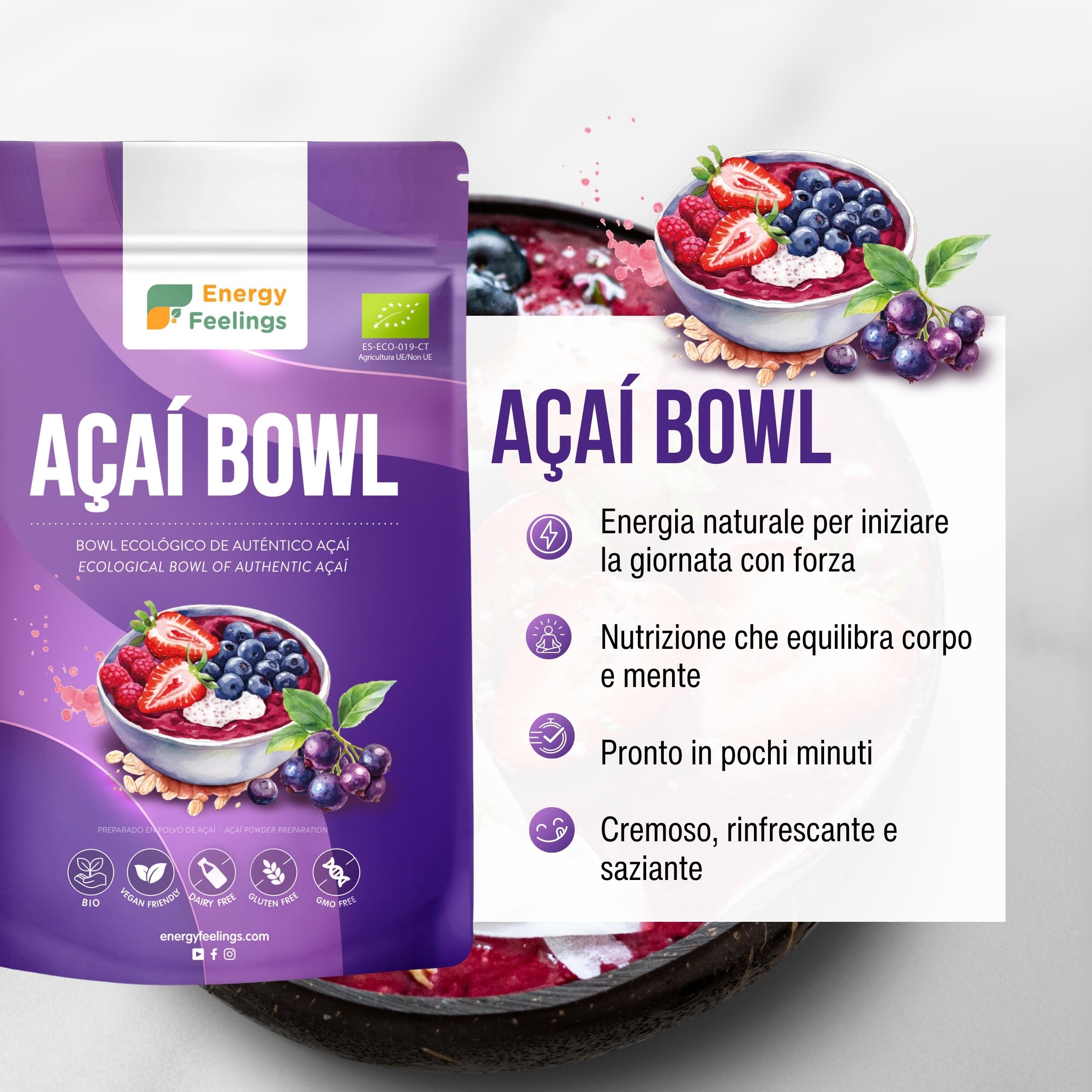 Energy Feelings Preparato per Açaí Bowl Bio 500 g con avena e cocco