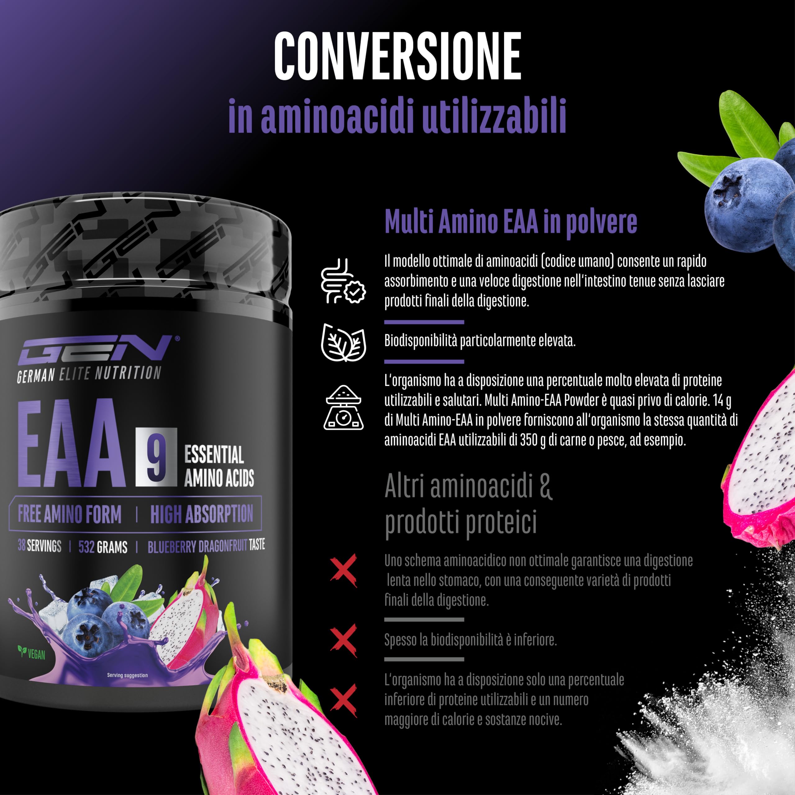 Elite EAA & BCAA EAA in Polvere aminoacidi essenziali vegani 532 g Blueberry Dragonfruit