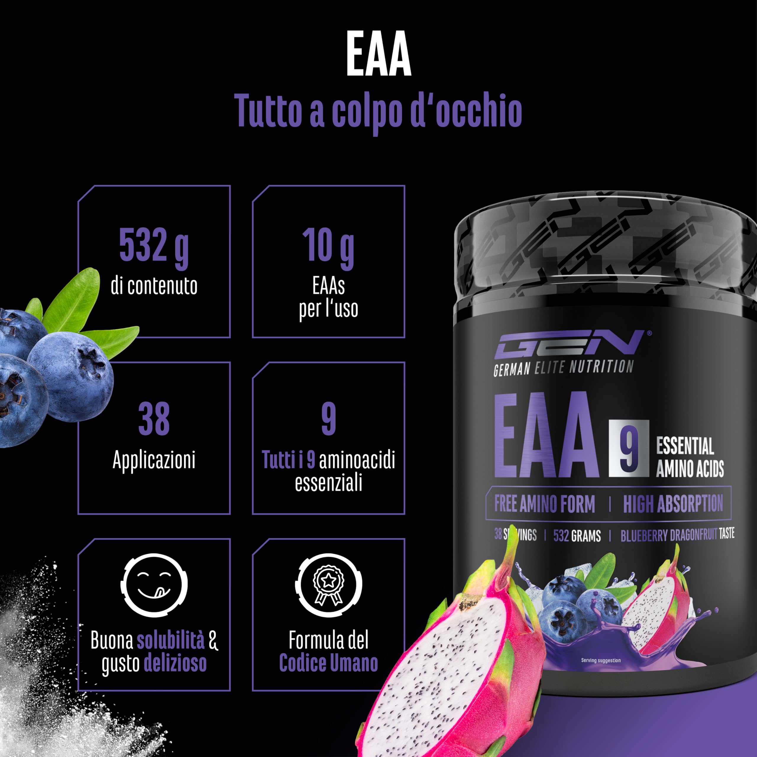 Elite EAA & BCAA EAA in Polvere aminoacidi essenziali vegani 532 g Blueberry Dragonfruit
