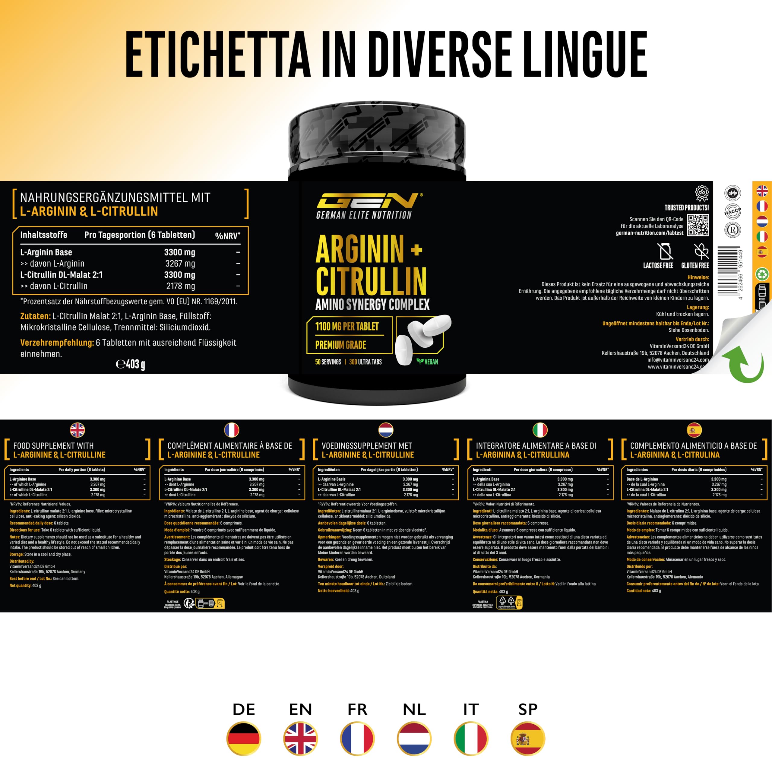 Elite Amino Singles L-Arginina + L-Citrullina integratore 300 compresse vegane