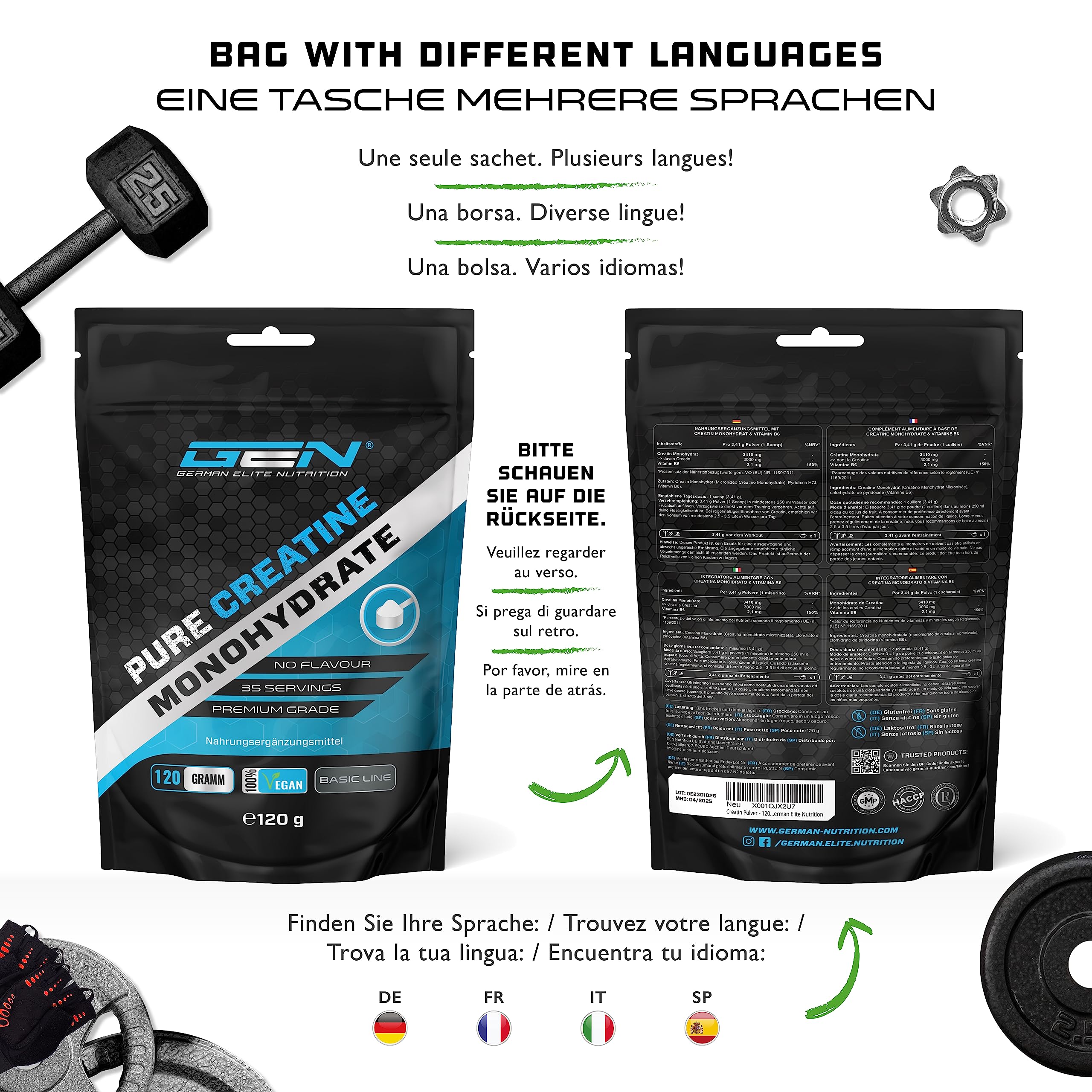Elite Creatine Creatina in polvere 120 g Monoidrato vegana