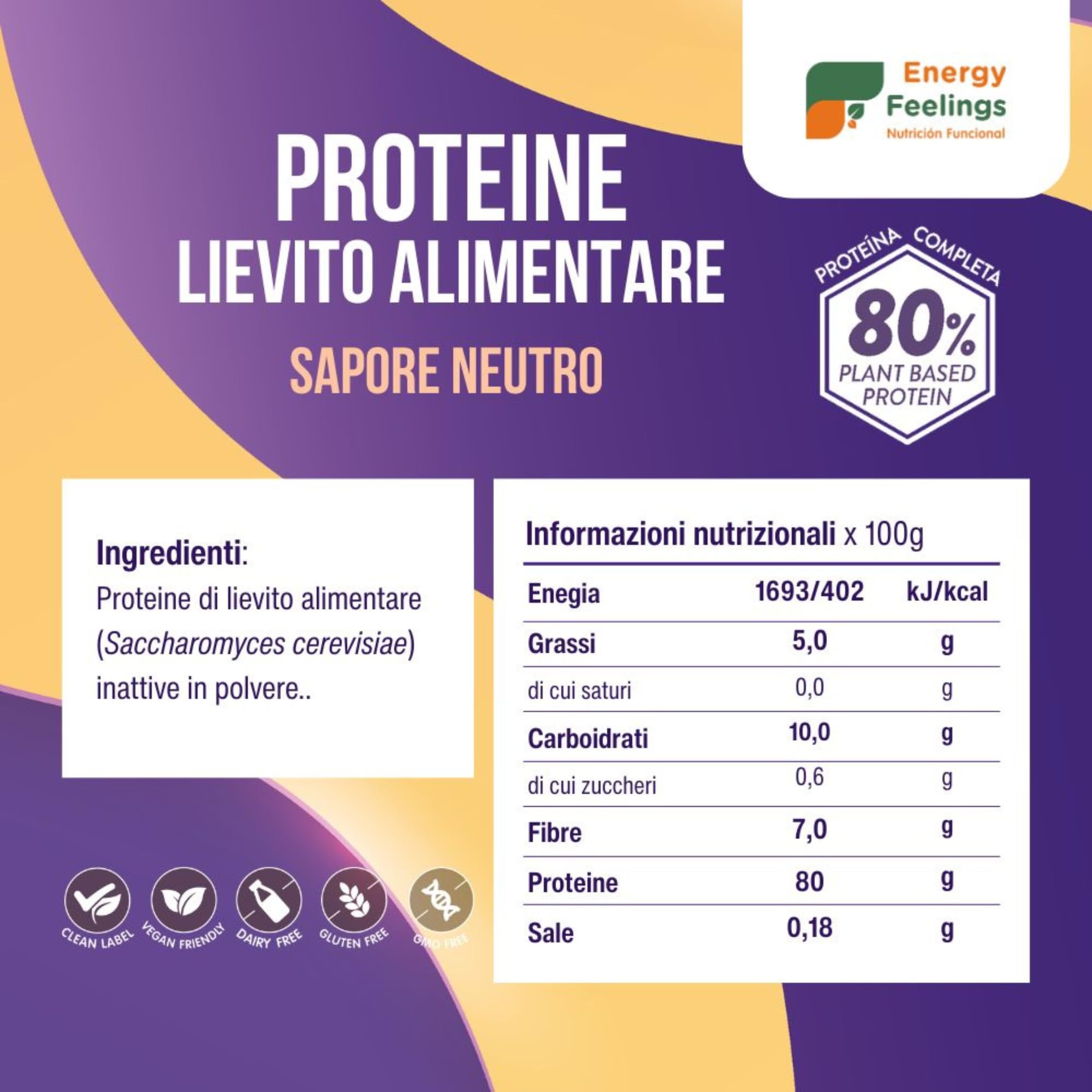 Energy Feelings Proteine vegane di lievito nutrizionale in polvere 1 kg neutre 82%